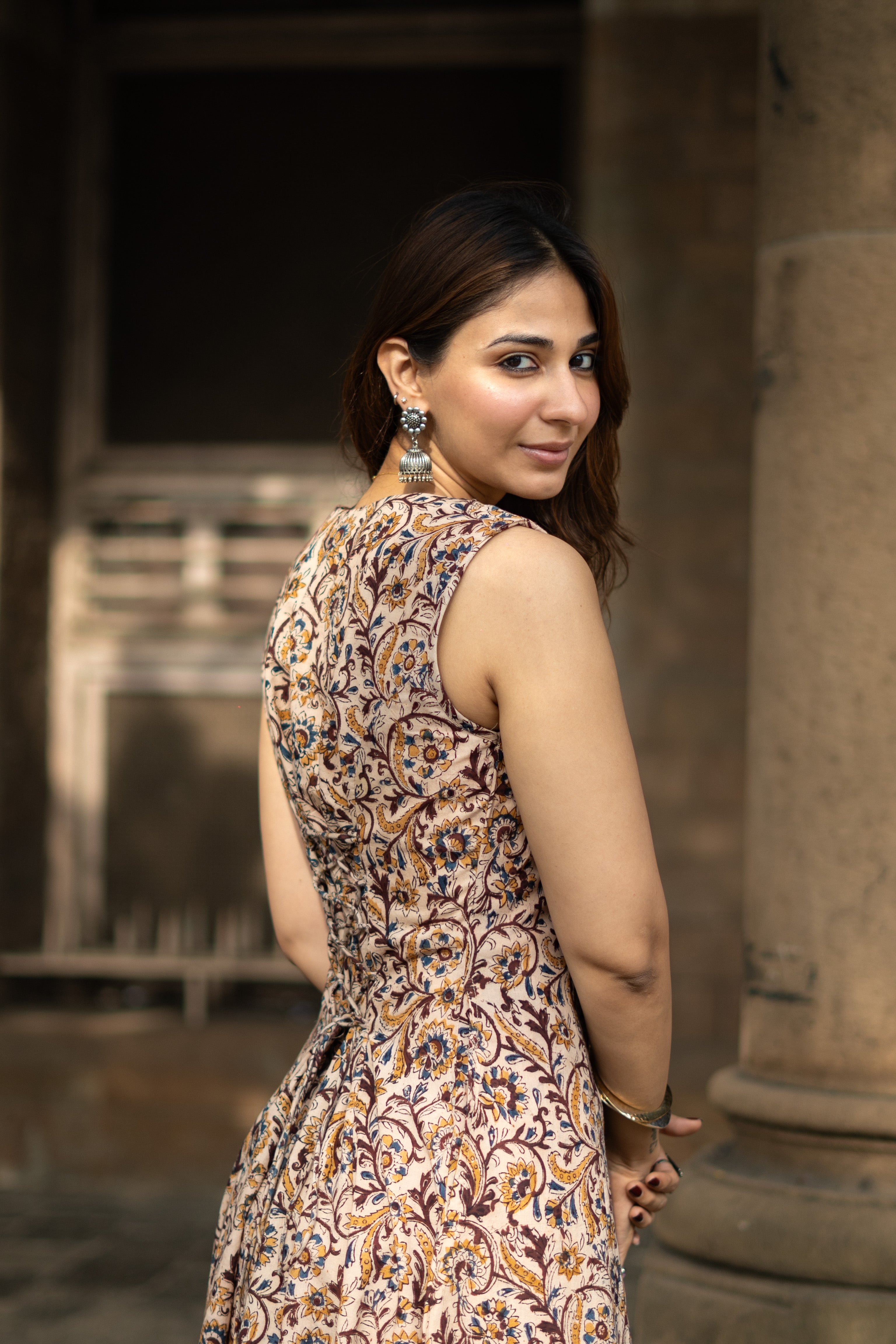 Beige Kalamkari Handblock Cotton Corset Dress