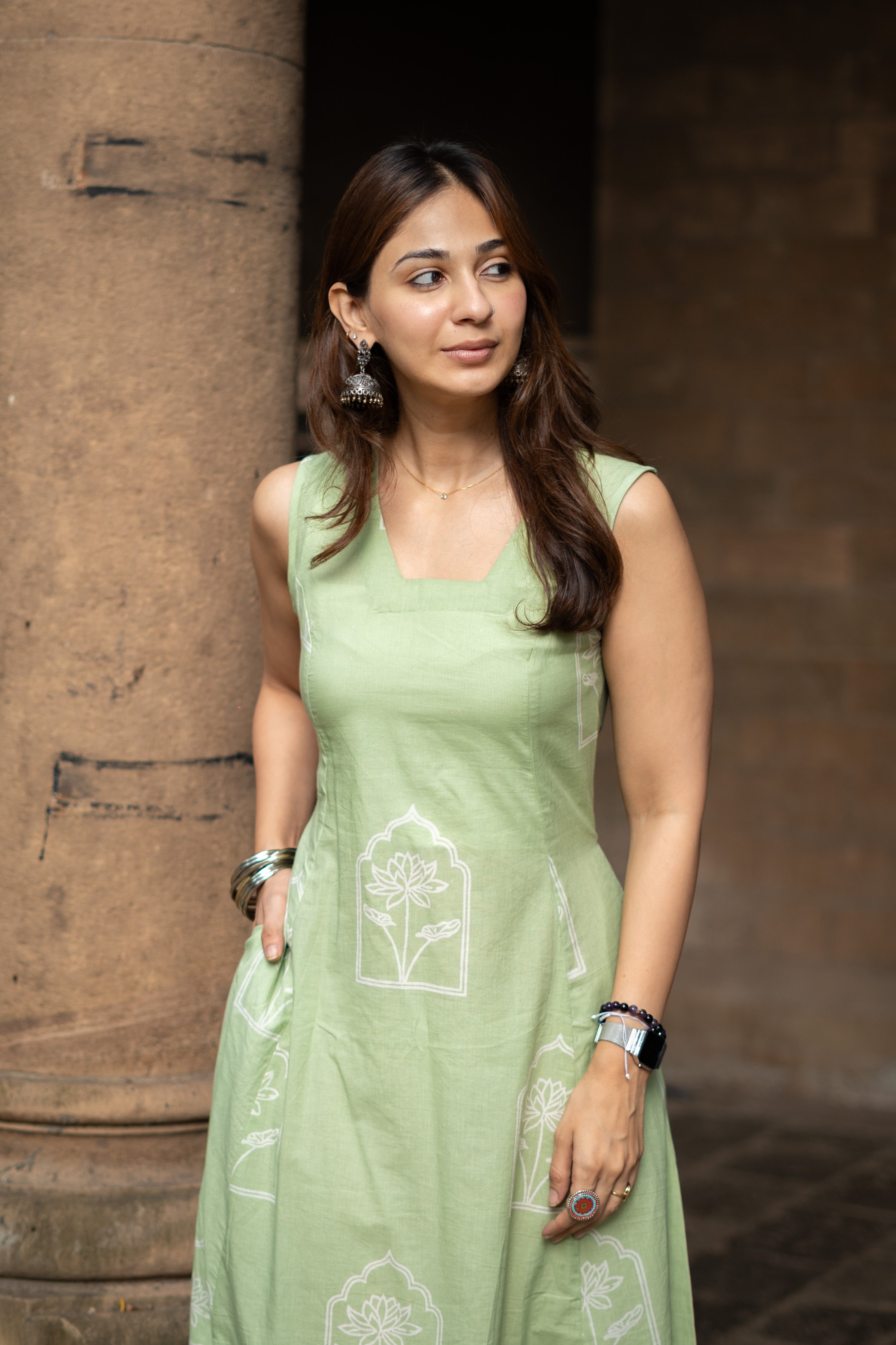 Pista Green Flower Handblock Cotton Corset Dress
