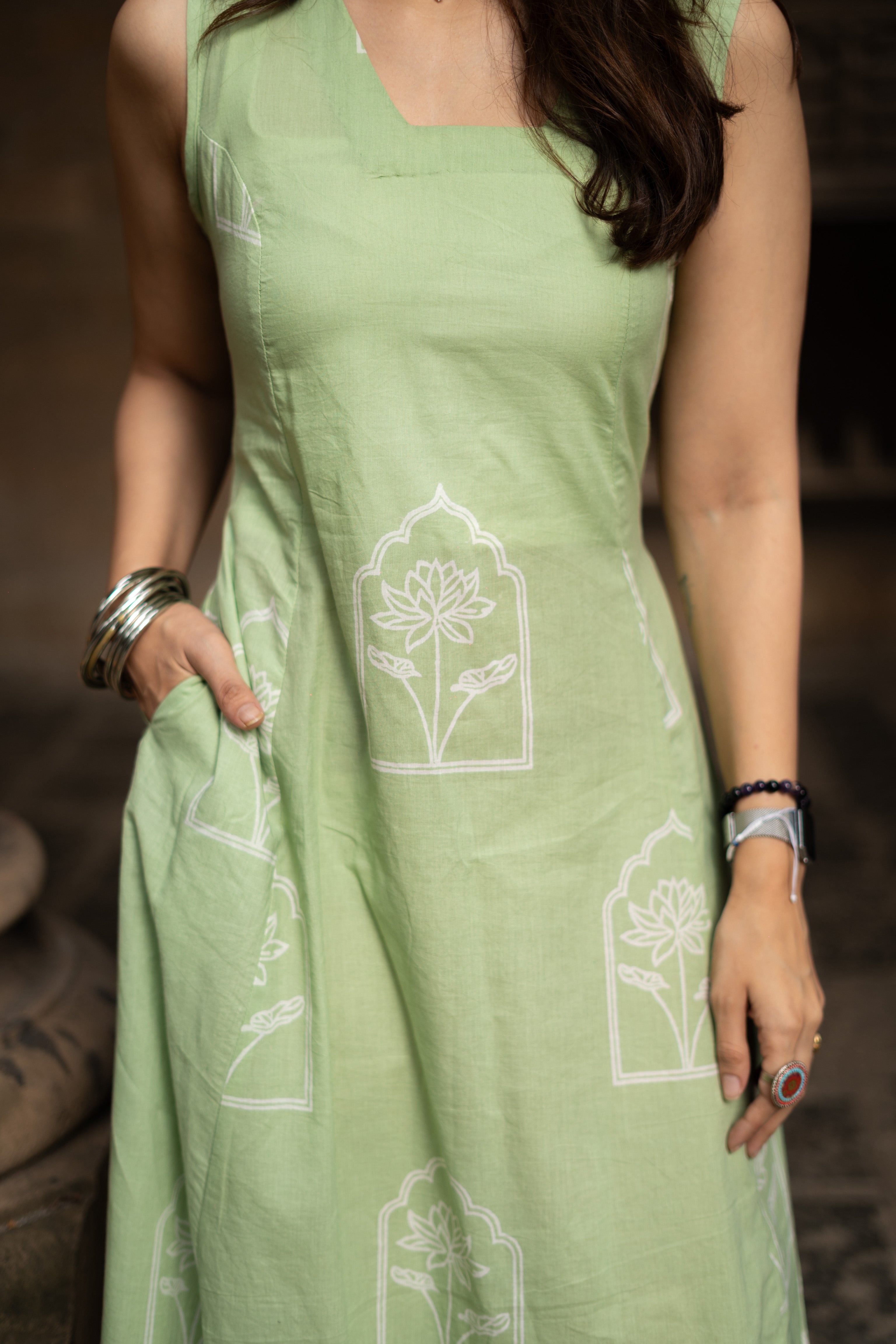 Pista Green Flower Handblock Cotton Corset Dress