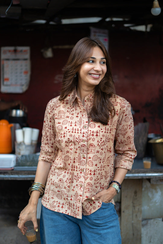 Beige Red Warli Art Handblock Cotton Shirt