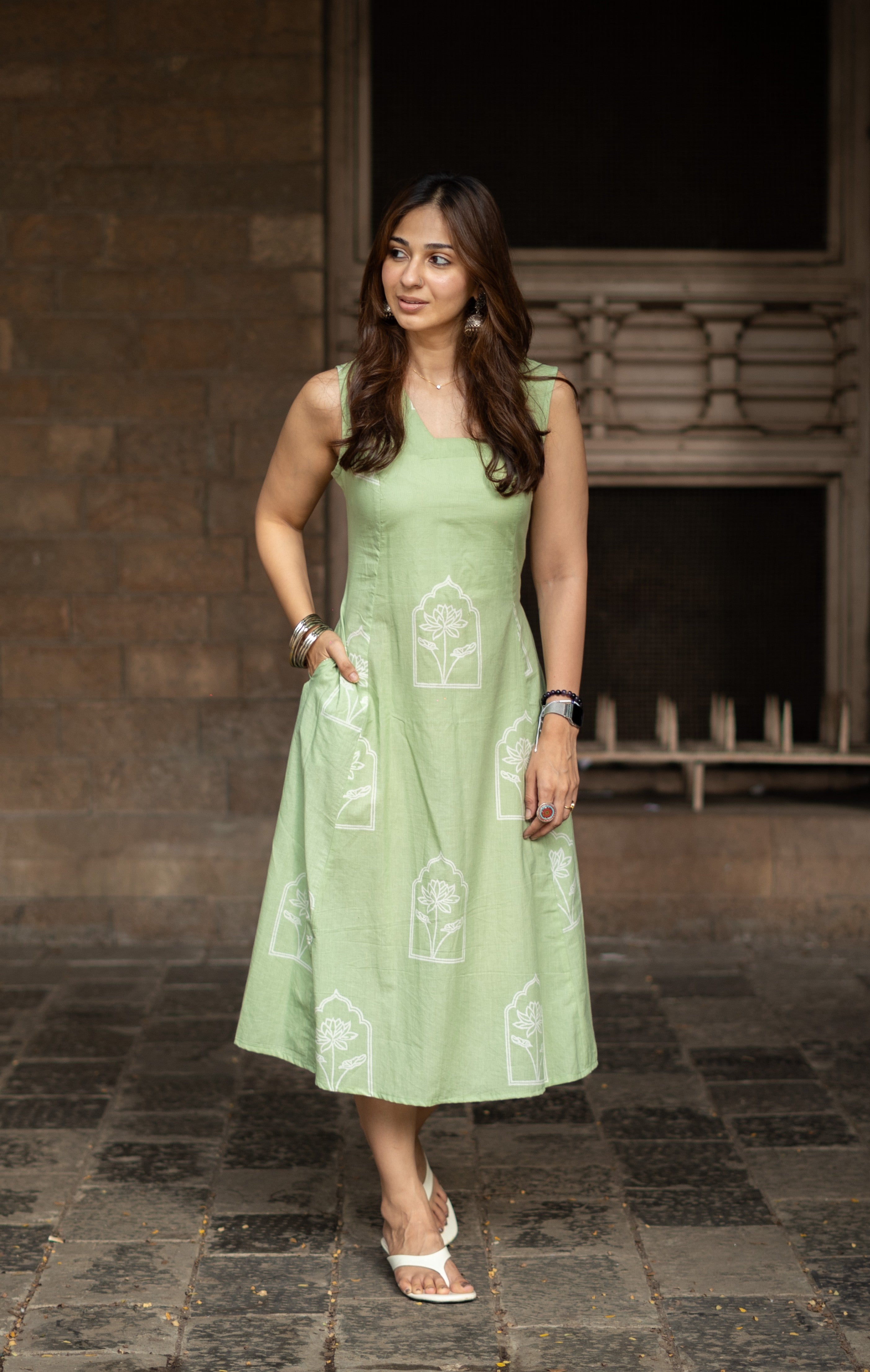 Pista Green Flower Handblock Cotton Corset Dress