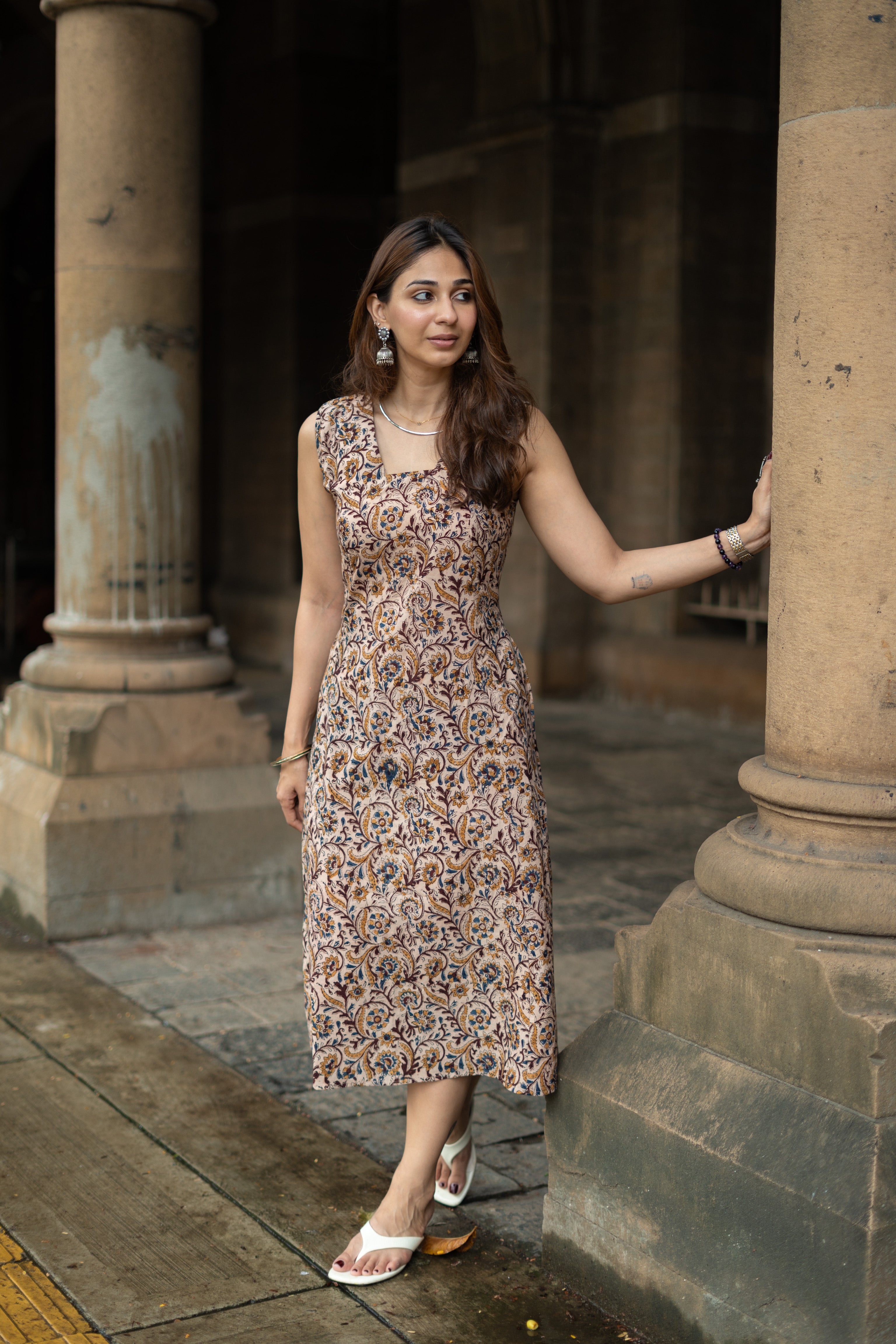 Beige Kalamkari Handblock Cotton Corset Dress