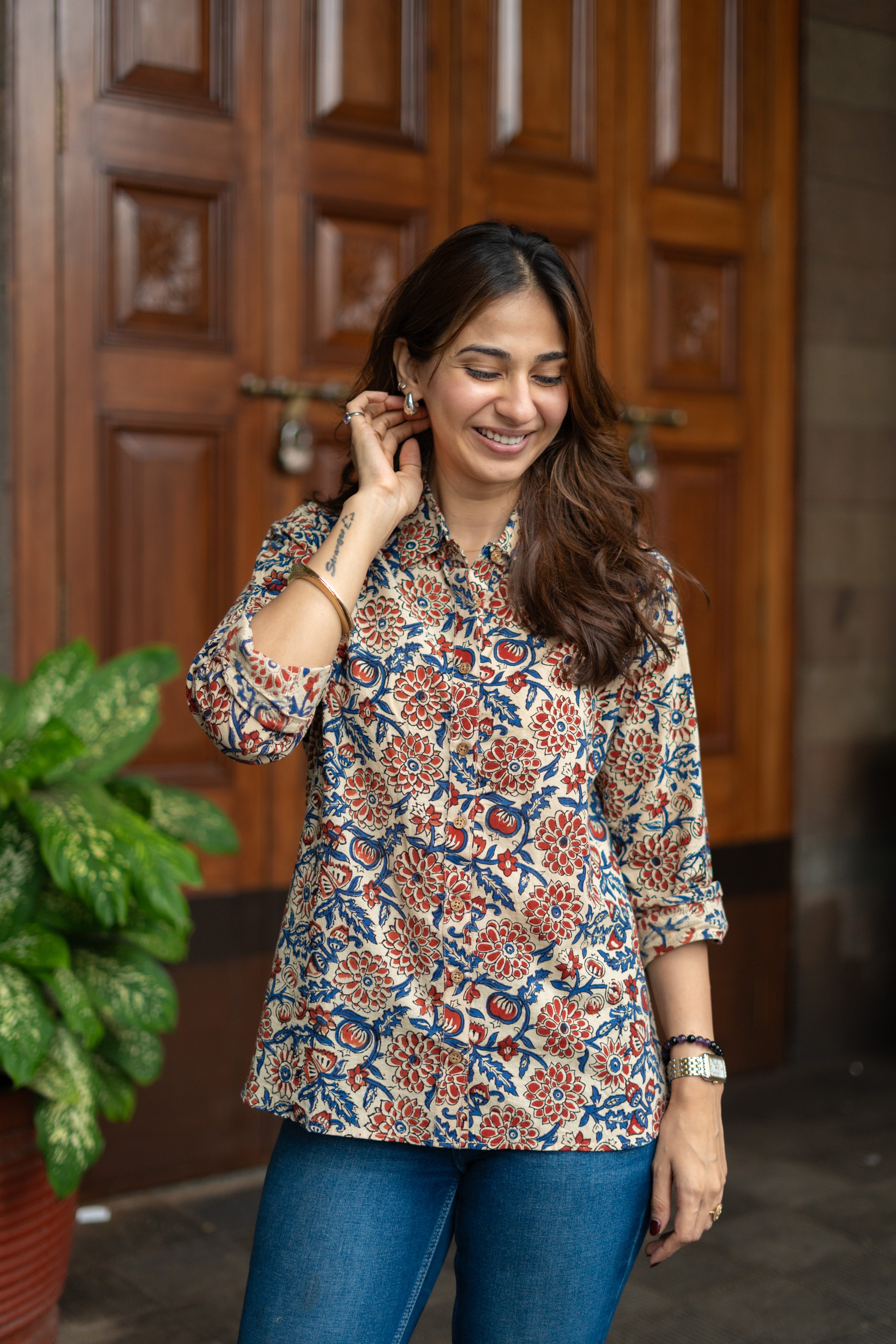 Red Blue Floral Handblock Cotton Shirt