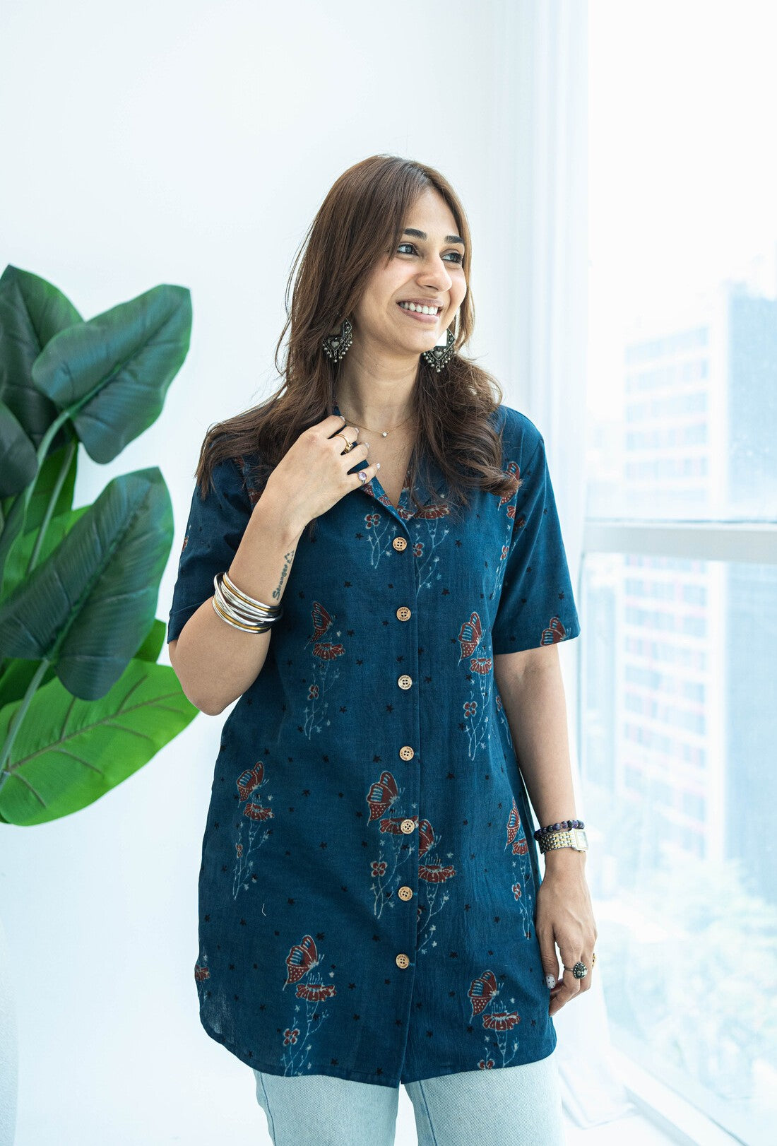 Ajrakh Indigo Butterfly Handblock Cotton Shirt Kurti