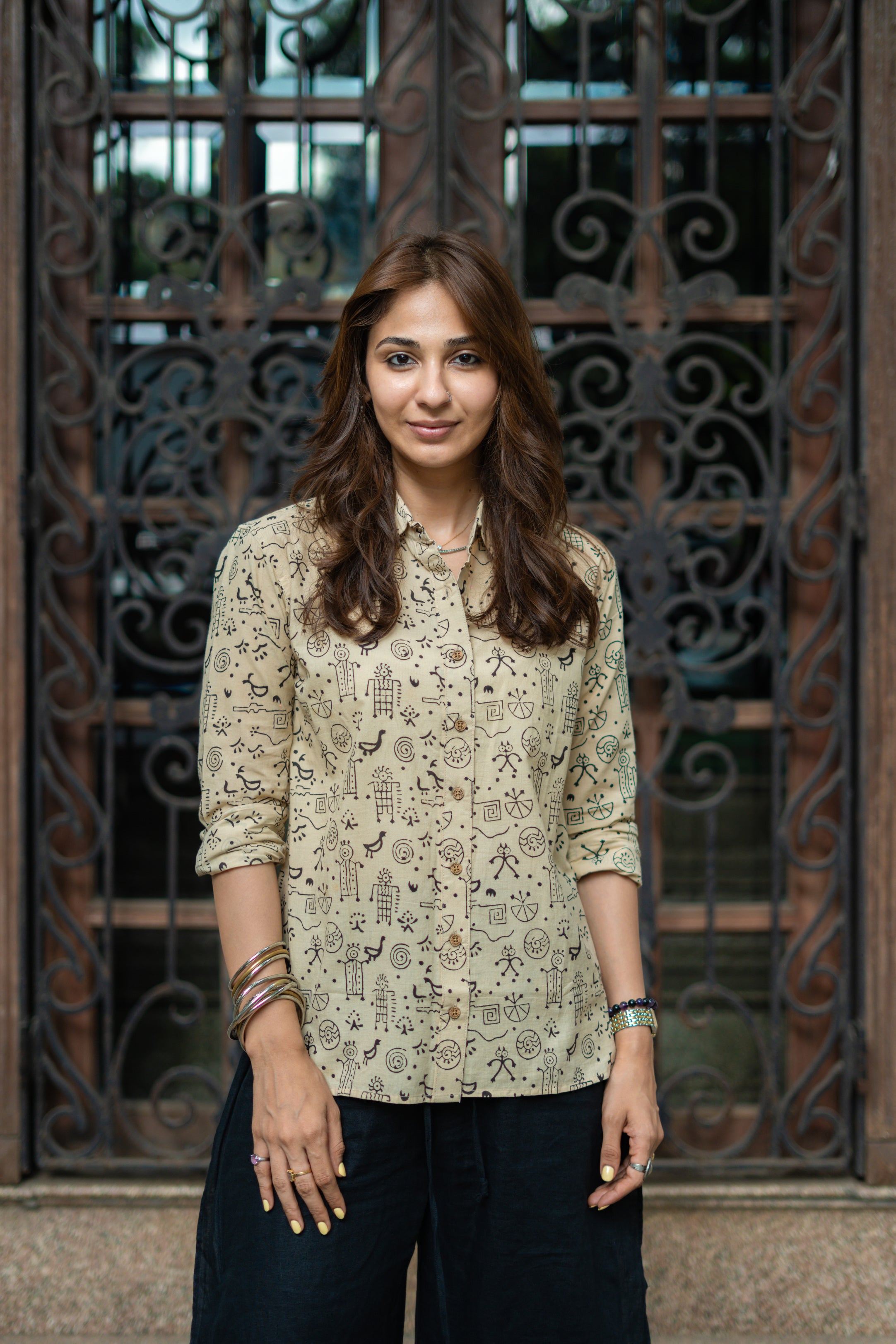 Beige Black Warli Art Handblock Cotton Shirt