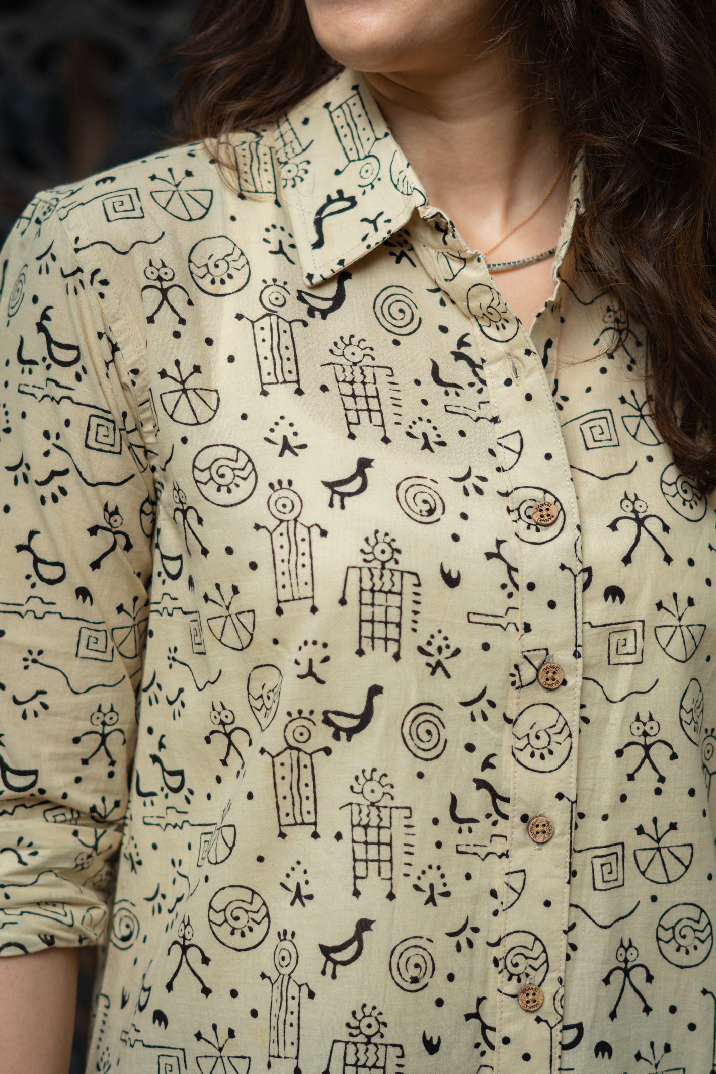 Beige Black Warli Art Handblock Cotton Shirt
