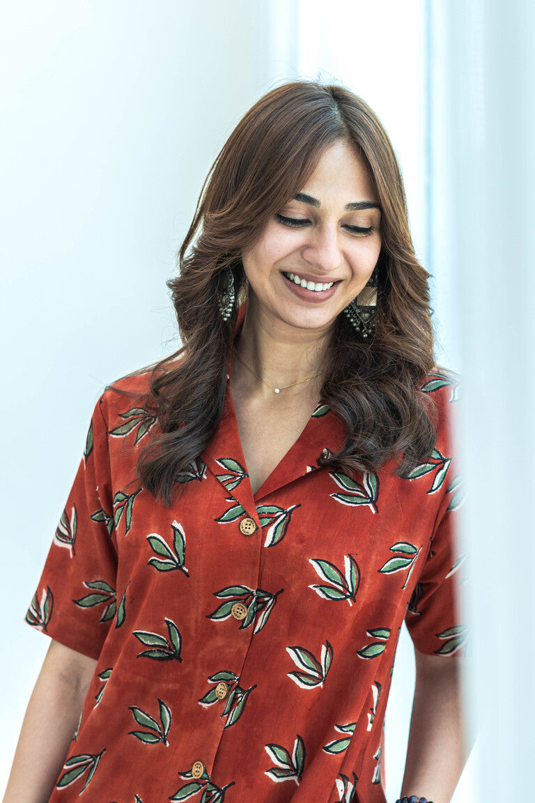 Red Leaf Hanbdlock Cotton Shirt Kurti