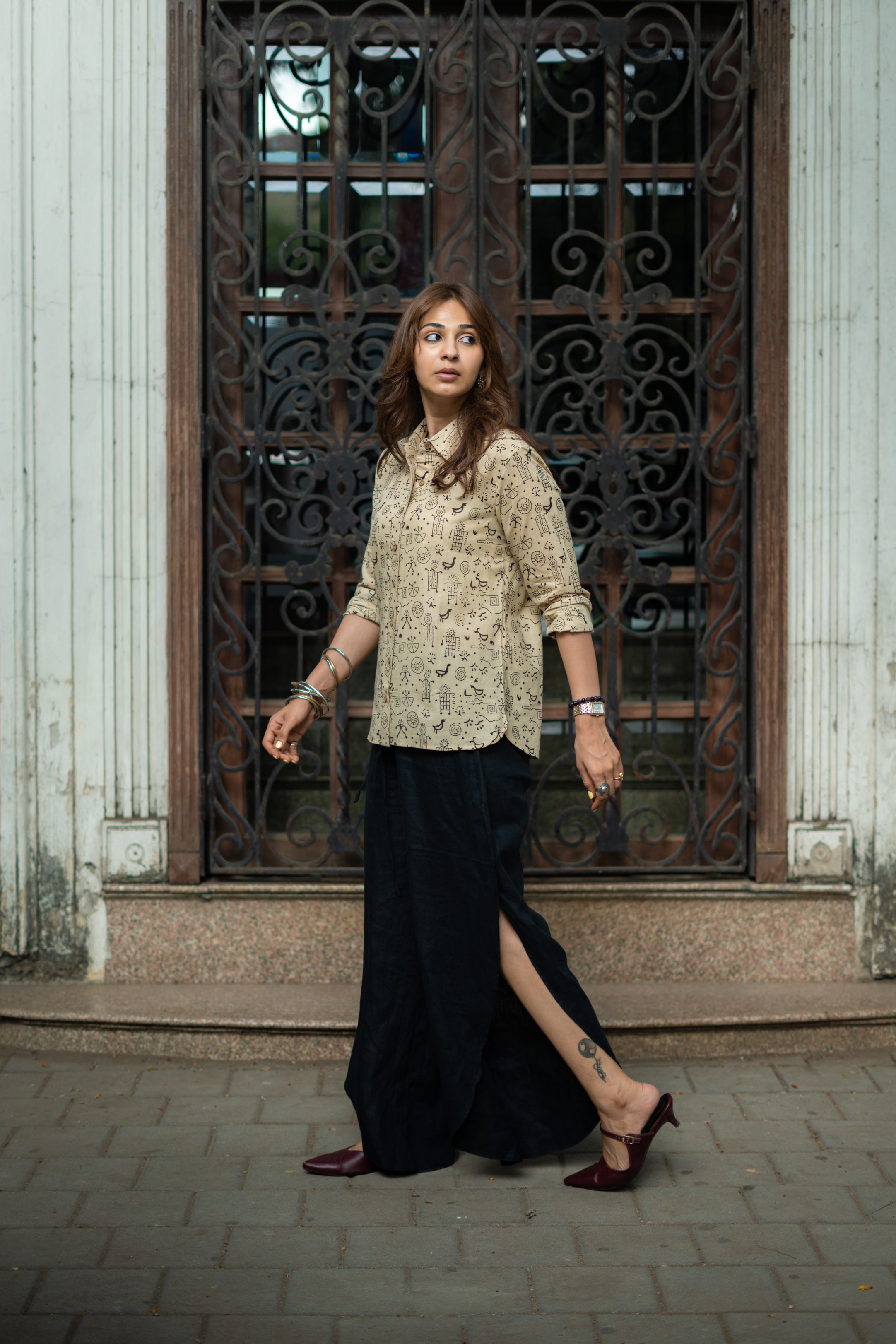 Beige Black Warli Art Handblock Cotton Shirt