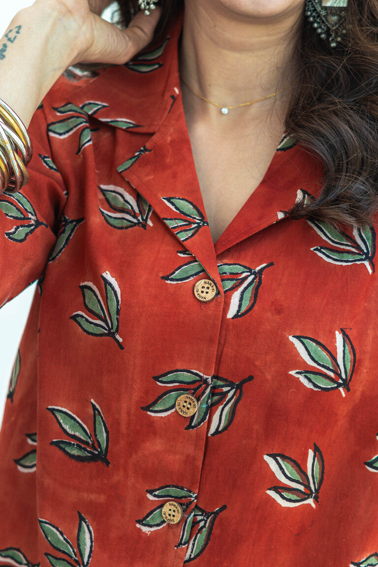 Red Leaf Hanbdlock Cotton Shirt Kurti