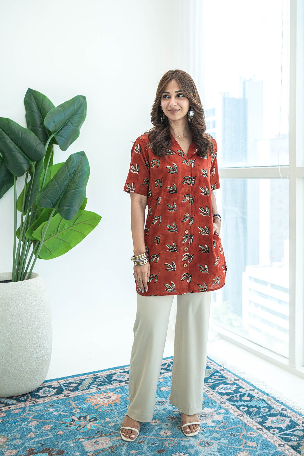 Red Leaf Hanbdlock Cotton Shirt Kurti
