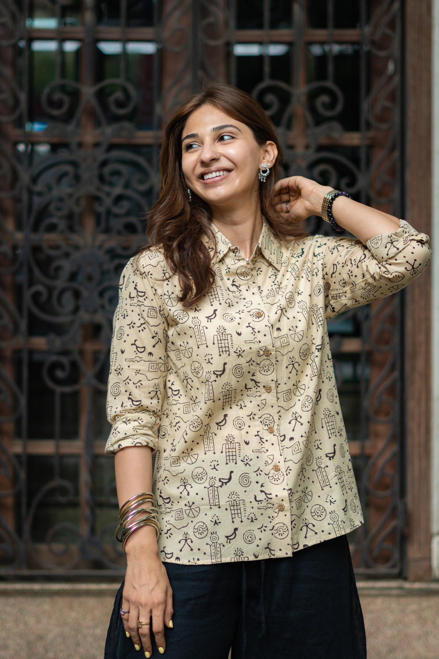 Beige Black Warli Art Handblock Cotton Shirt