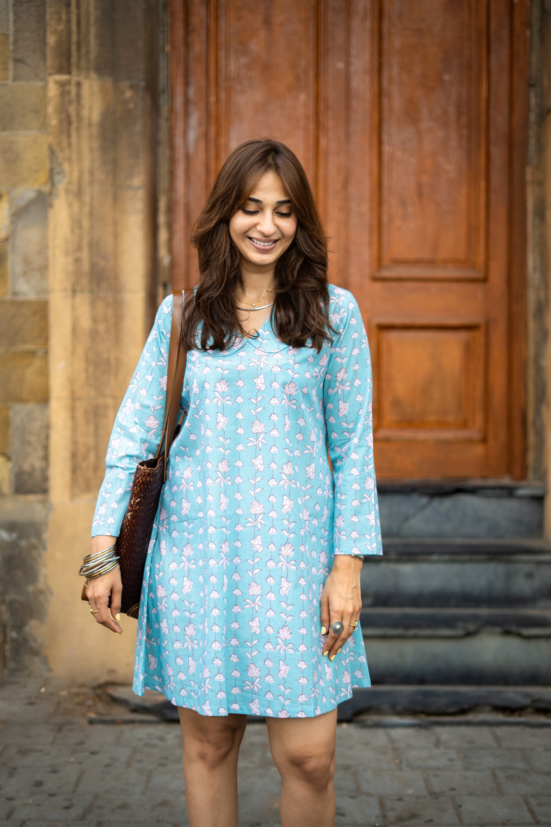 Sky Blue Floral Handblock Cotton A Line Dress