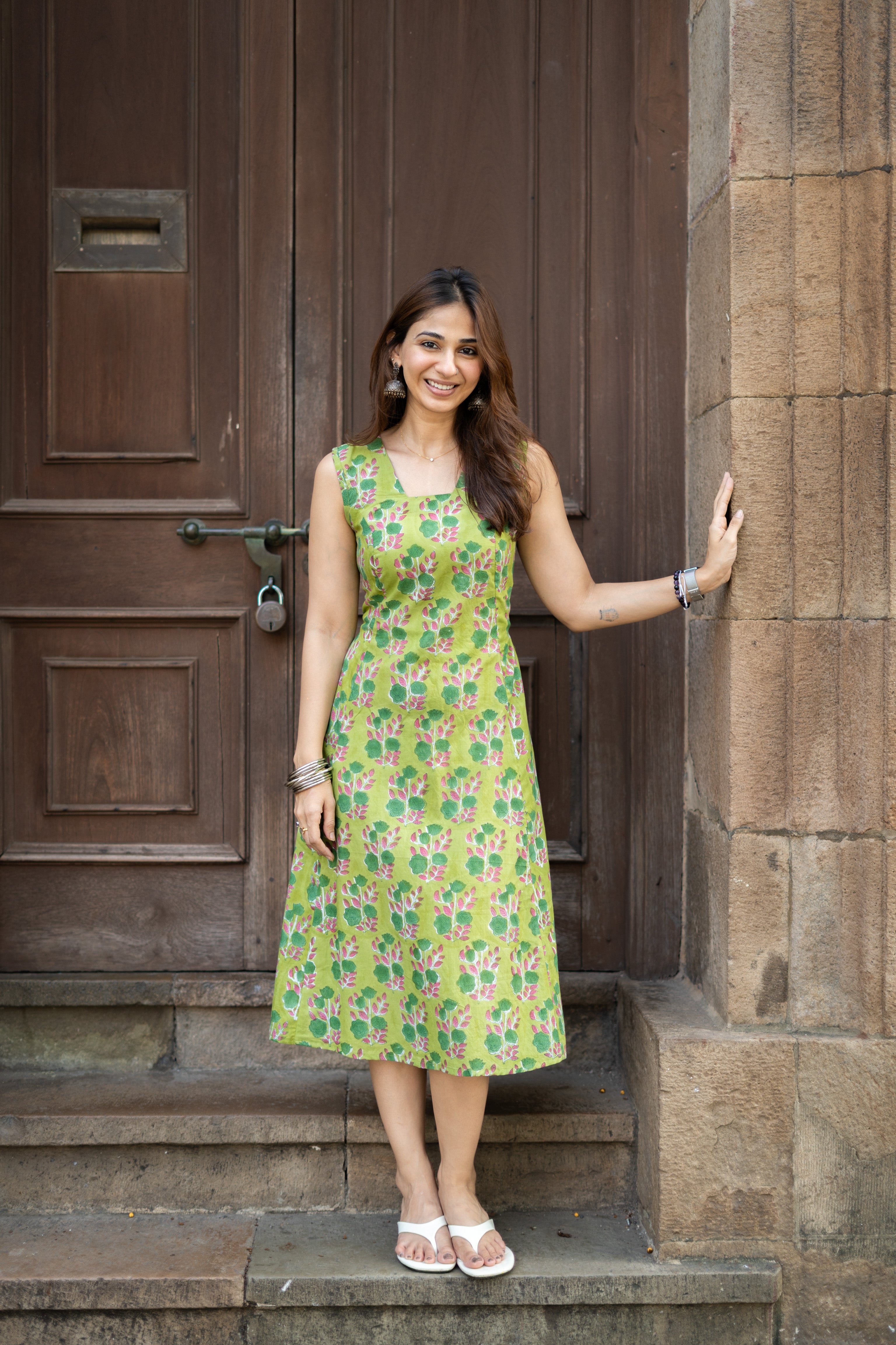Bagru Greens Handblock Cotton Corset Dress