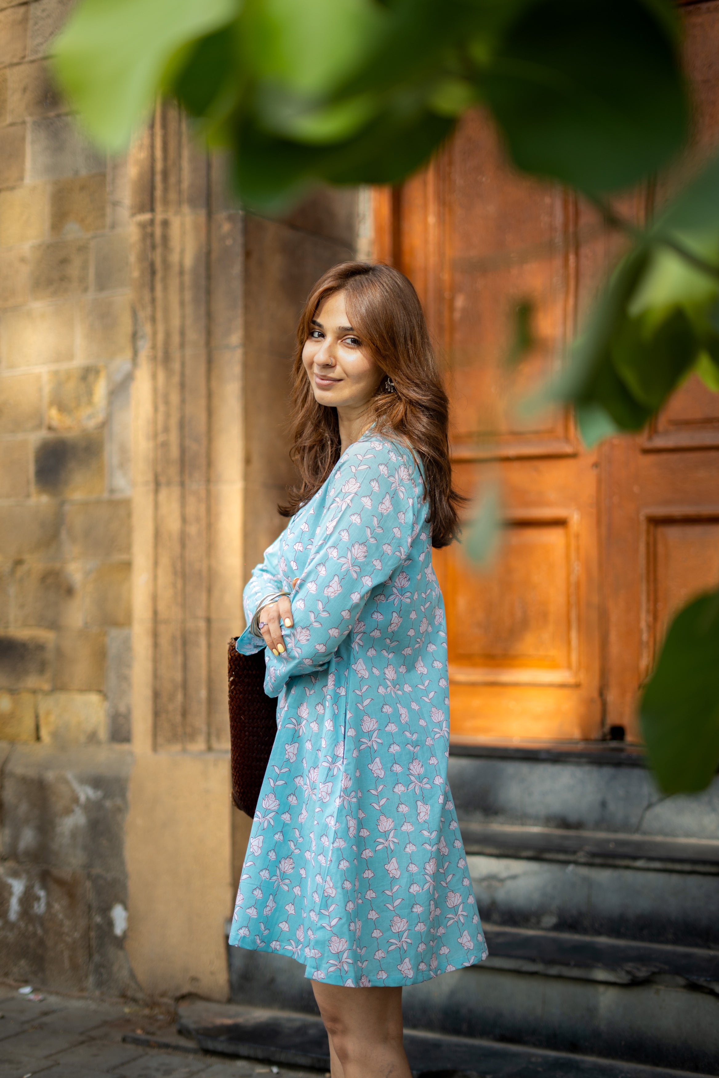 Sky Blue Floral Handblock Cotton A Line Dress