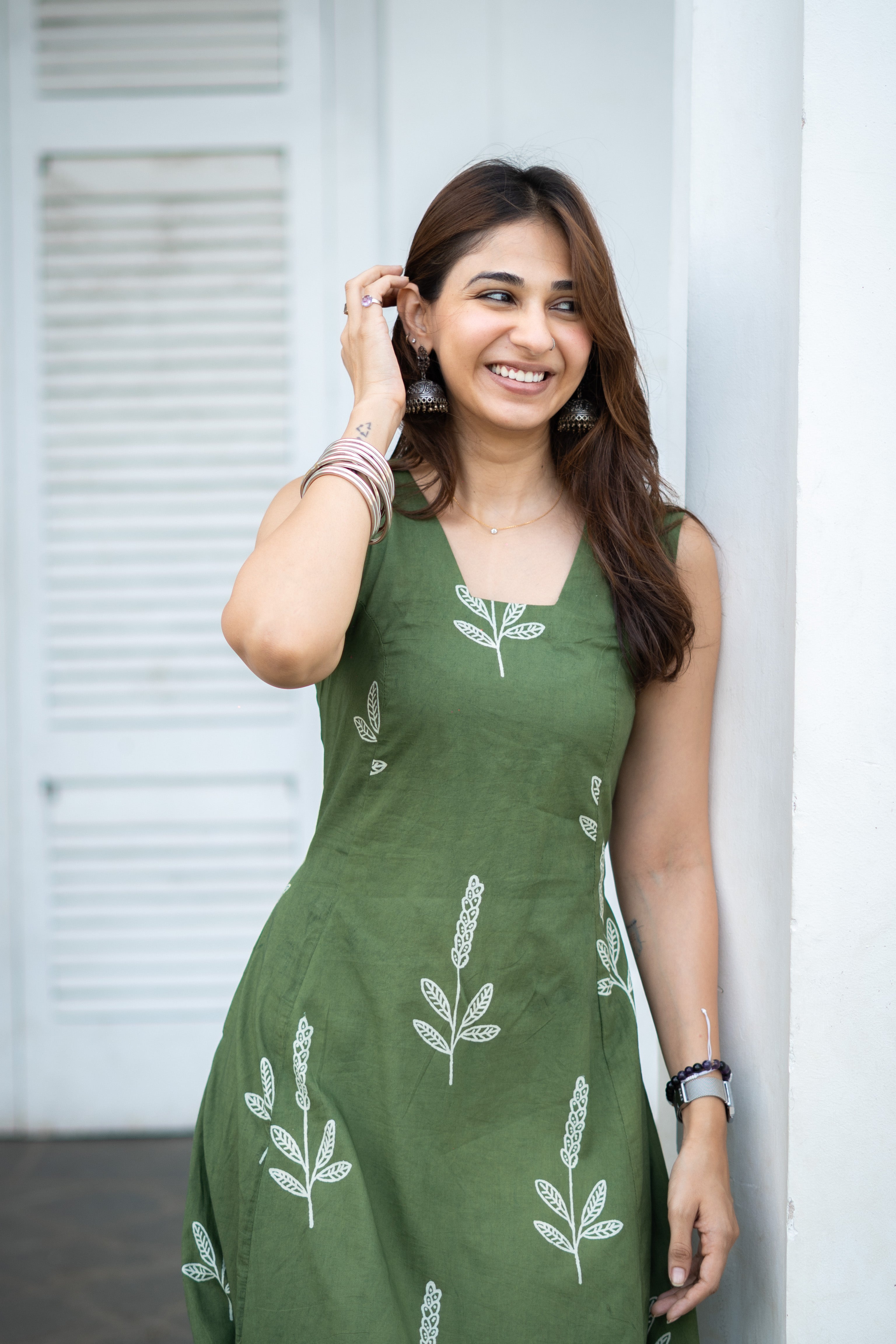 Olive Green Flower Handblock Cotton Corset Dress