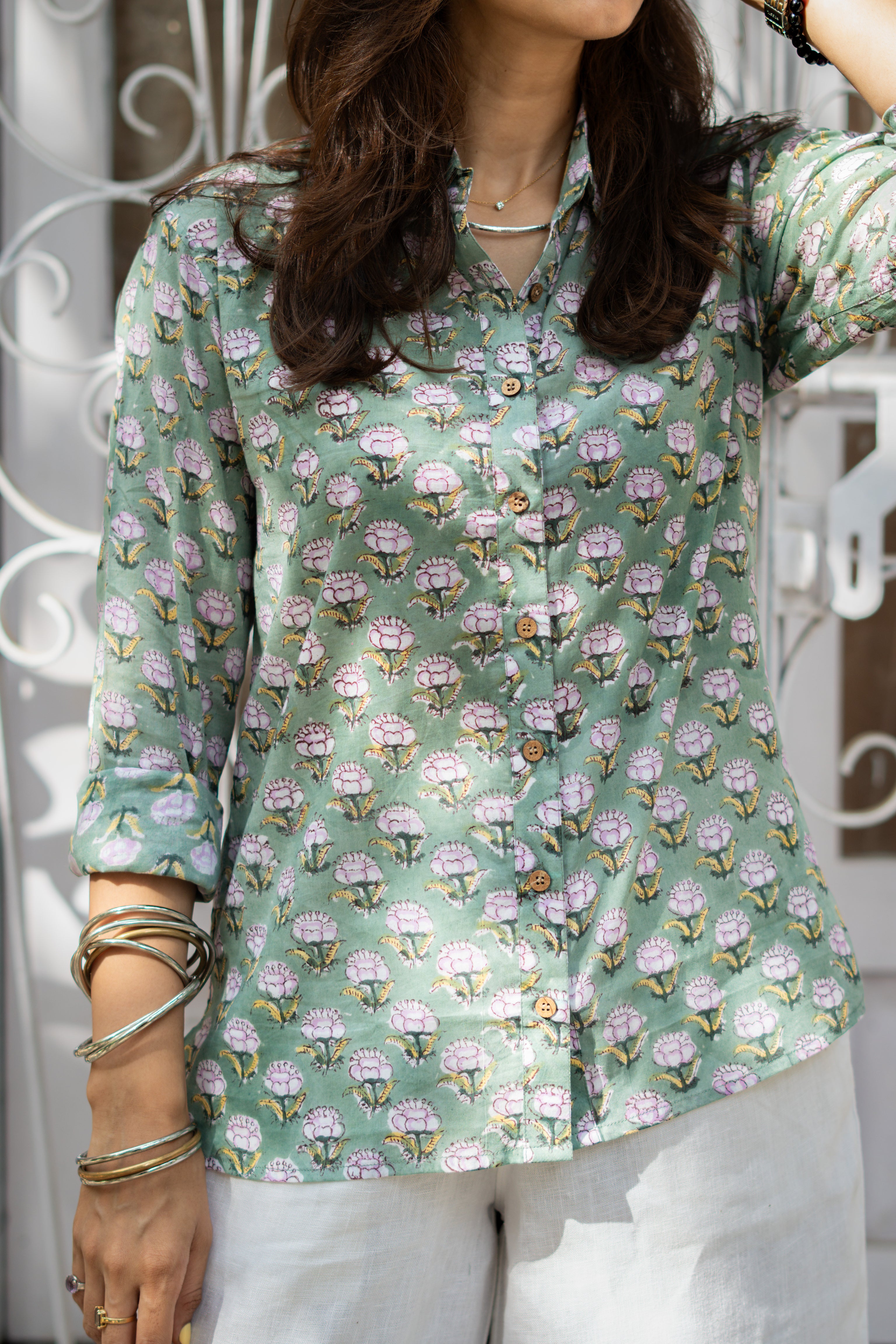 Green Sanganeri Handblock Mul Cotton Shirt