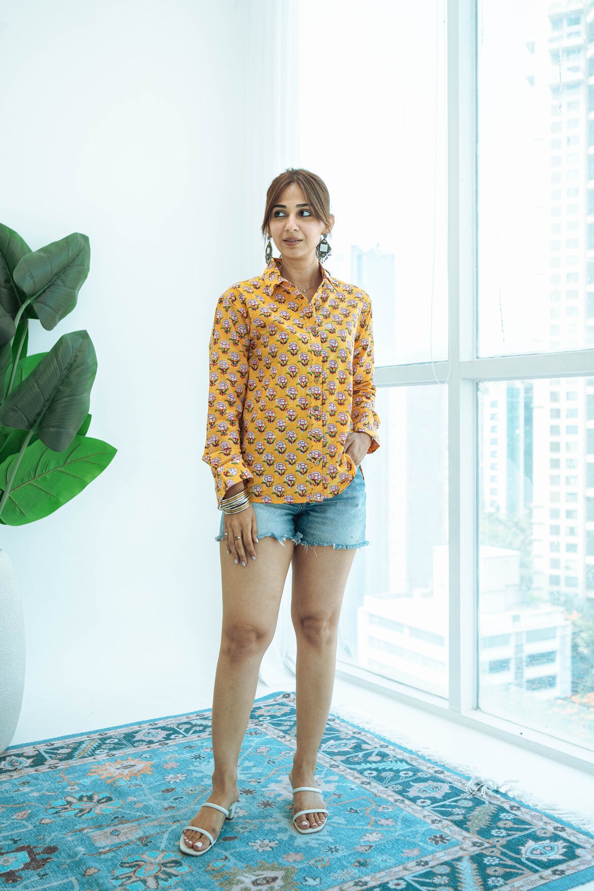 Mustard Yellow Floral Handblock Cotton Shirt