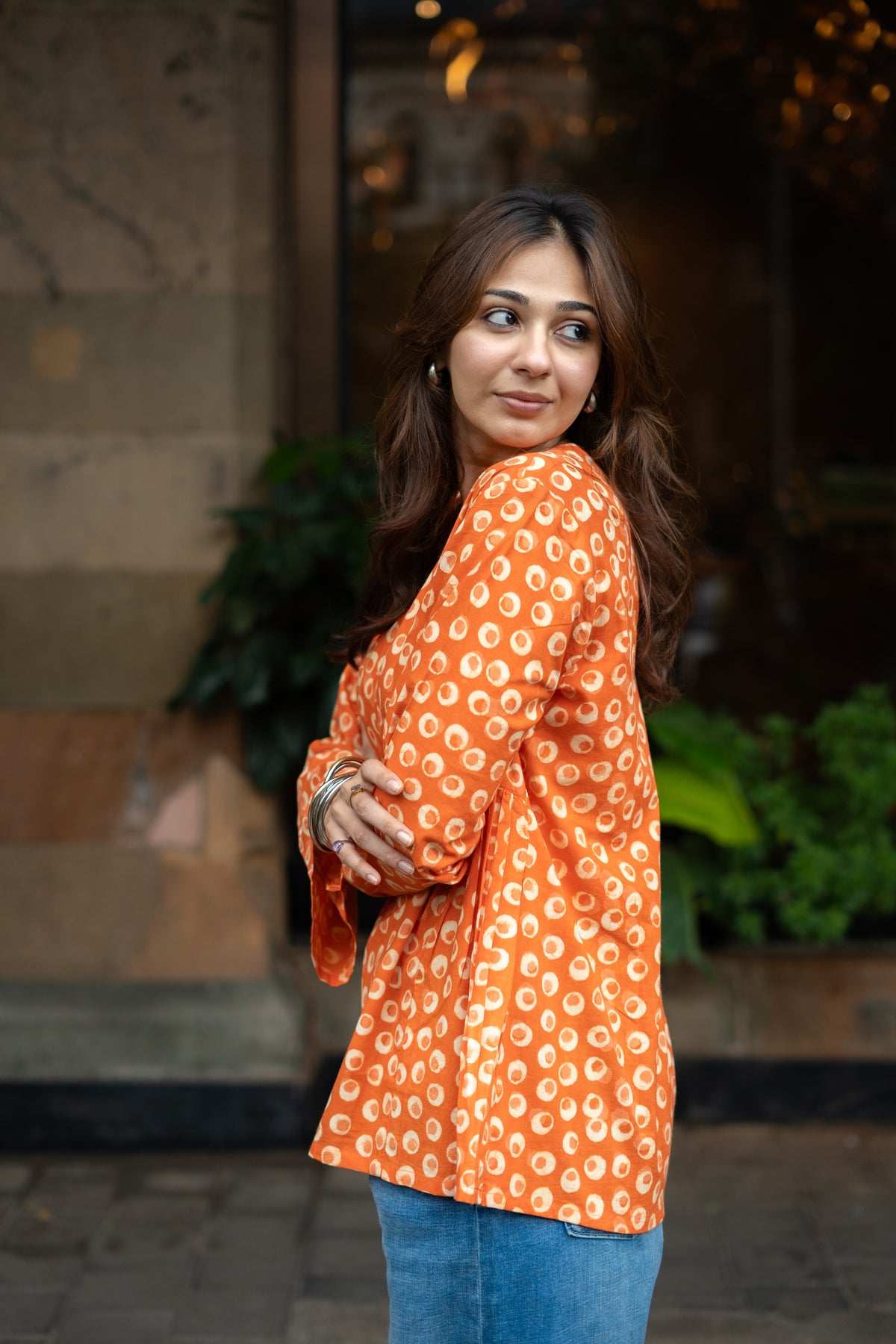 Orange Bagru Bell Sleeves Cotton Short Top