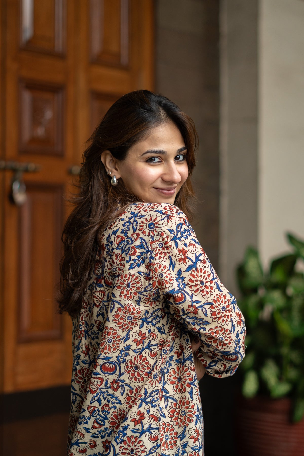 Red Blue Floral Handblock Cotton Shirt