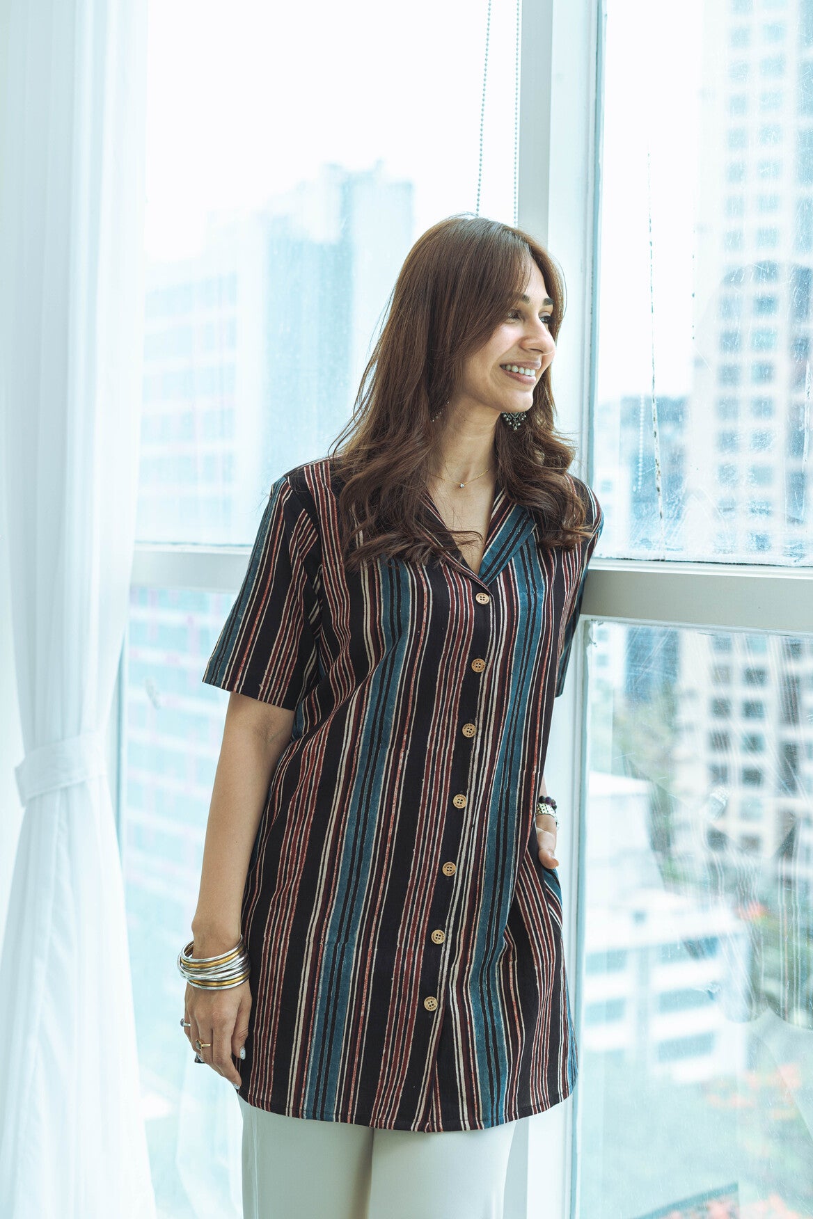 Vintage Ajrakh Stripe Handblock Cotton Shirt Kurti