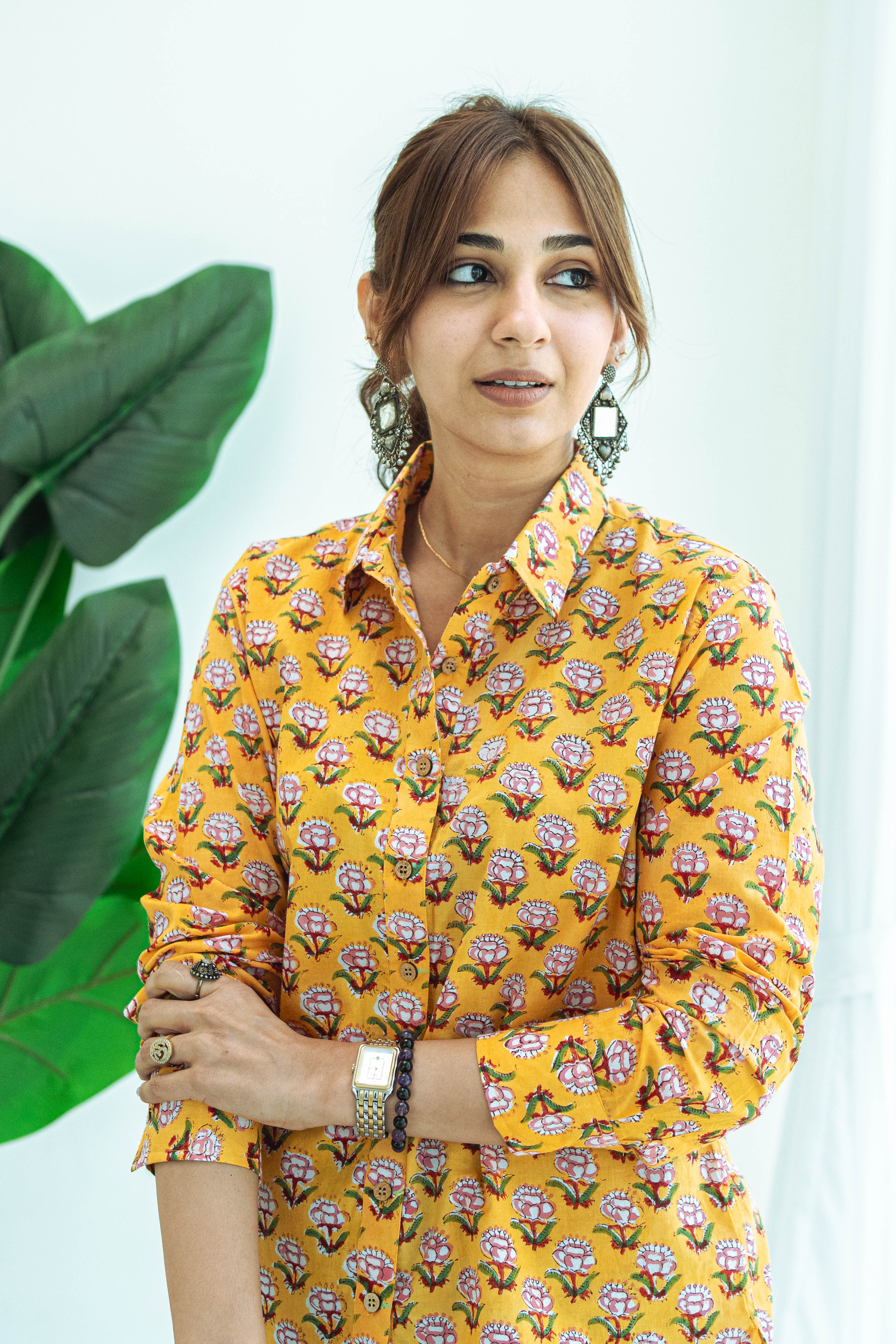 Mustard Yellow Floral Handblock Cotton Shirt