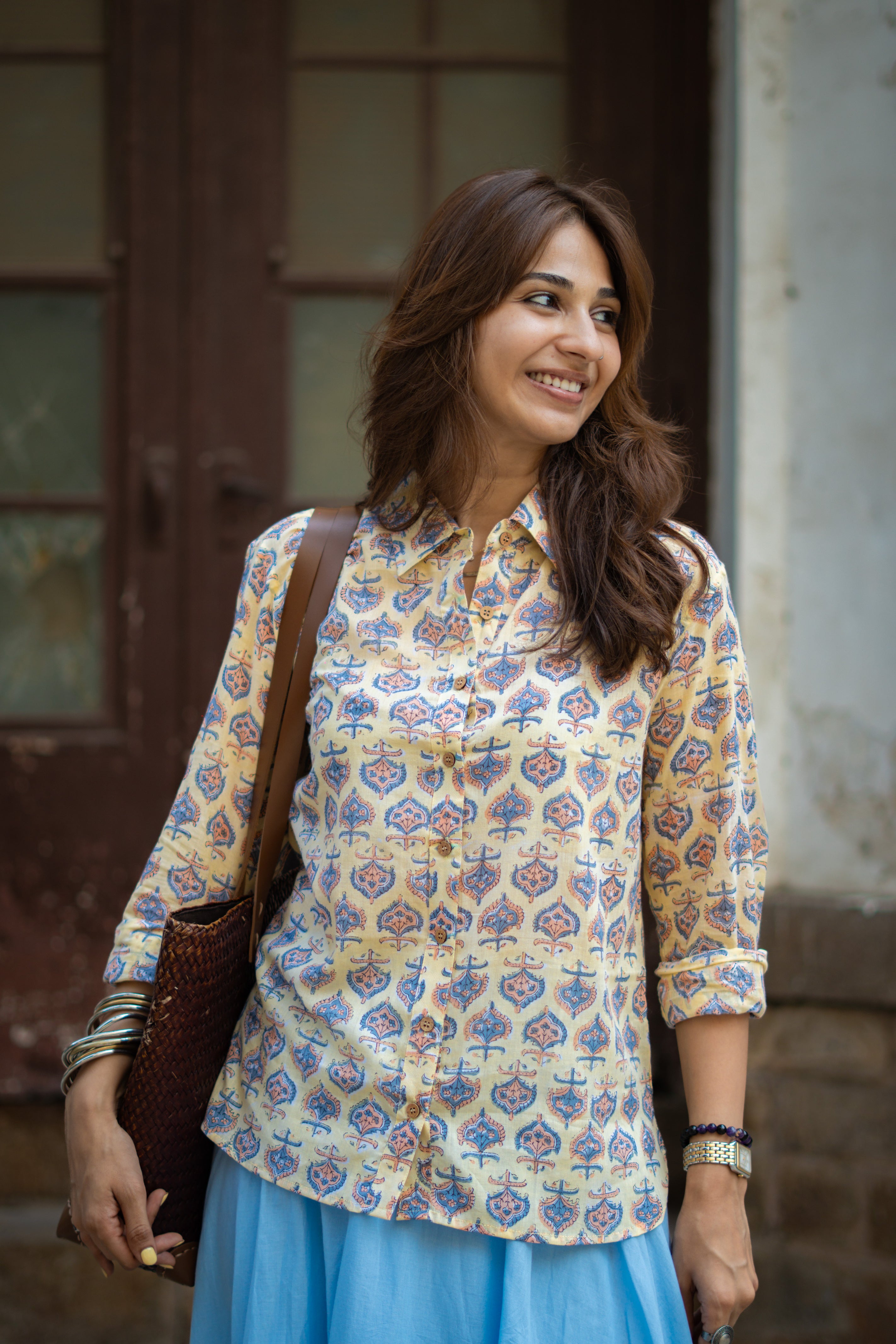 Yellow Sanganeri Handblock Mul Cotton Shirt