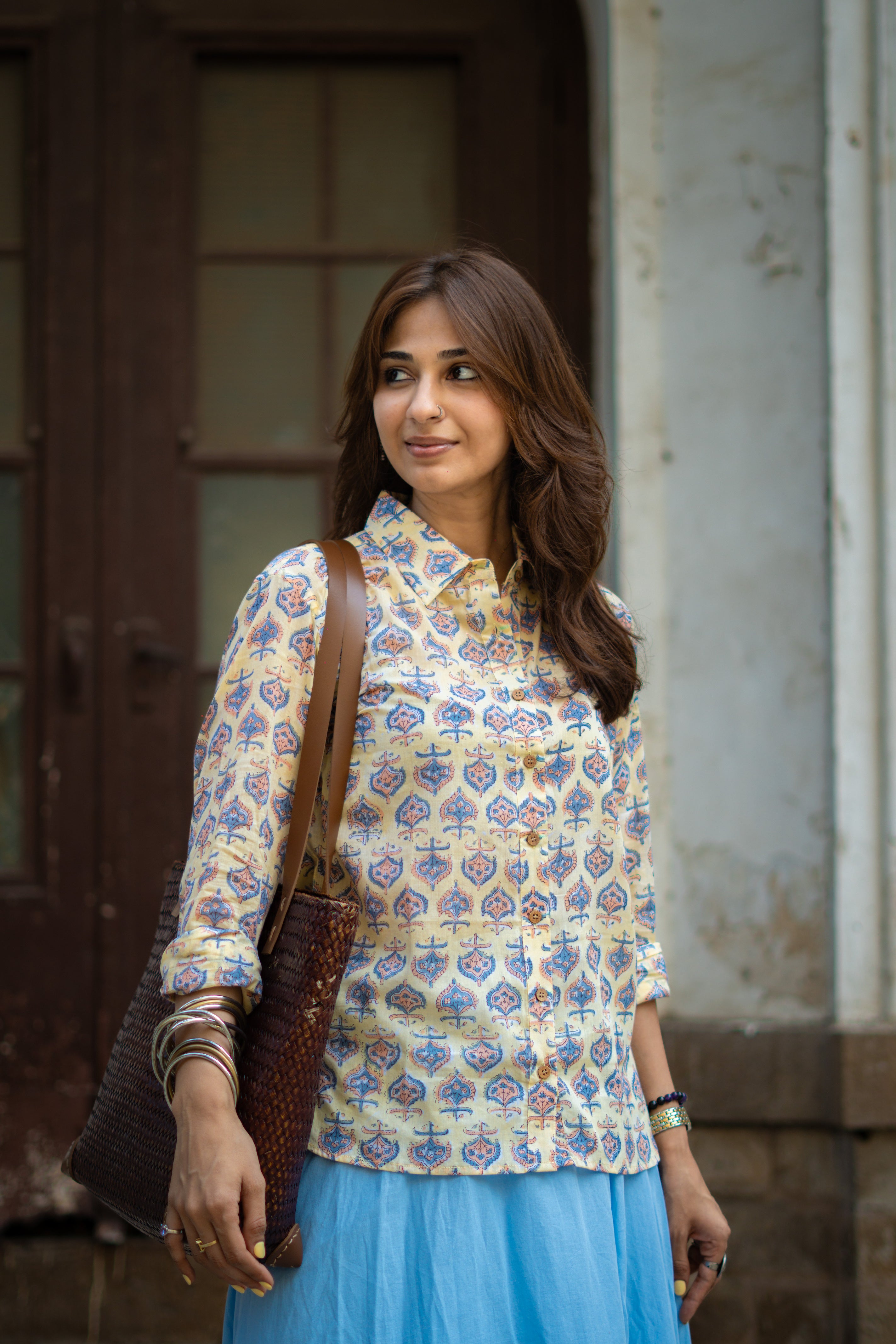 Yellow Sanganeri Handblock Mul Cotton Shirt
