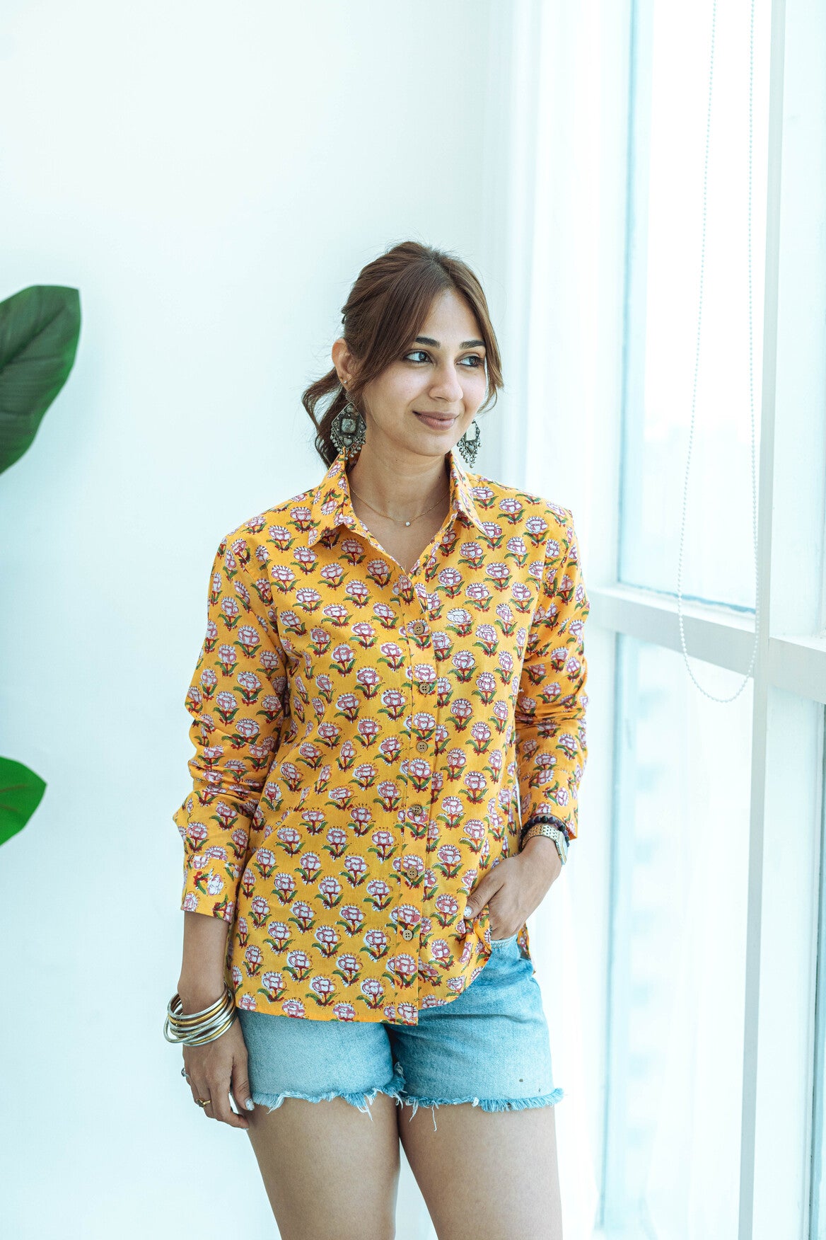 Mustard Yellow Floral Handblock Cotton Shirt