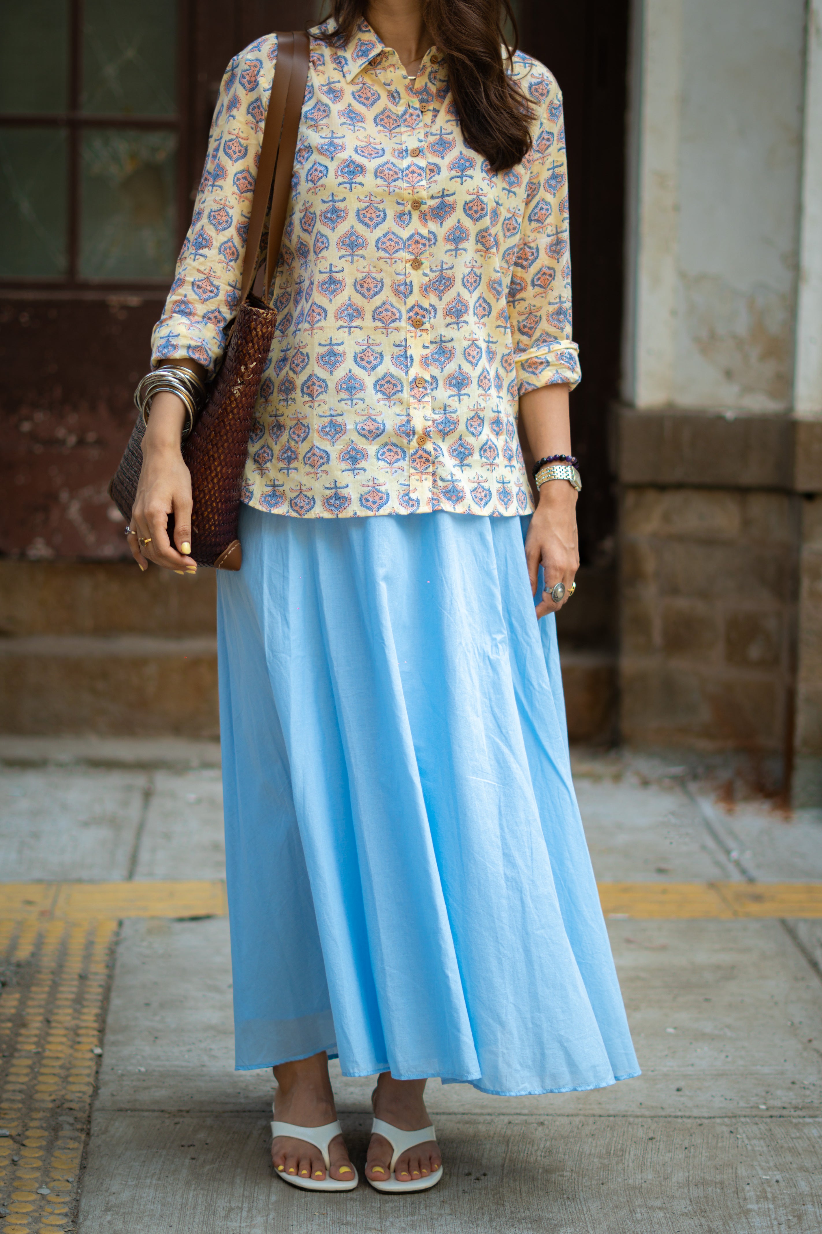 Yellow Sanganeri Handblock Mul Cotton Shirt