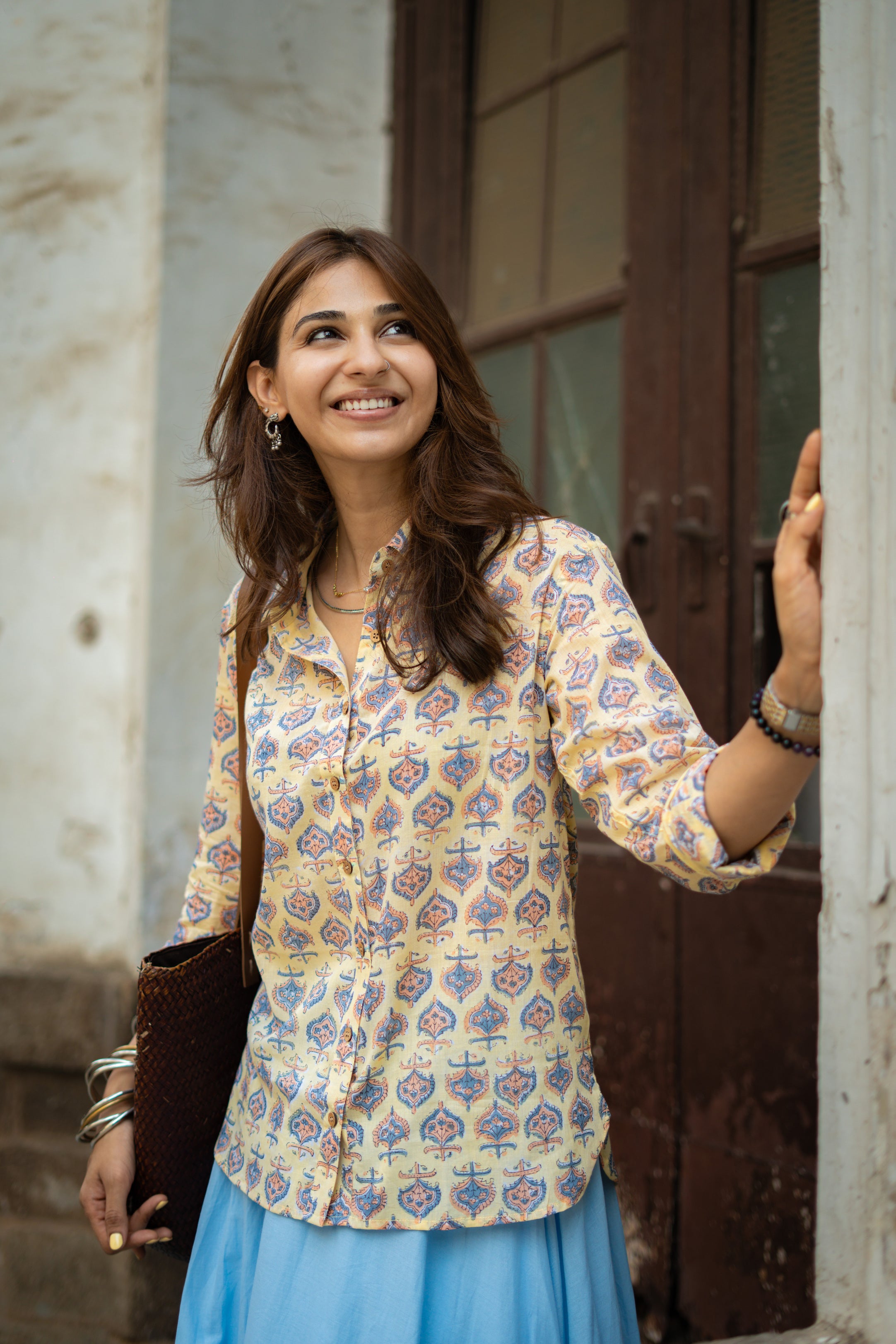 Yellow Sanganeri Handblock Mul Cotton Shirt