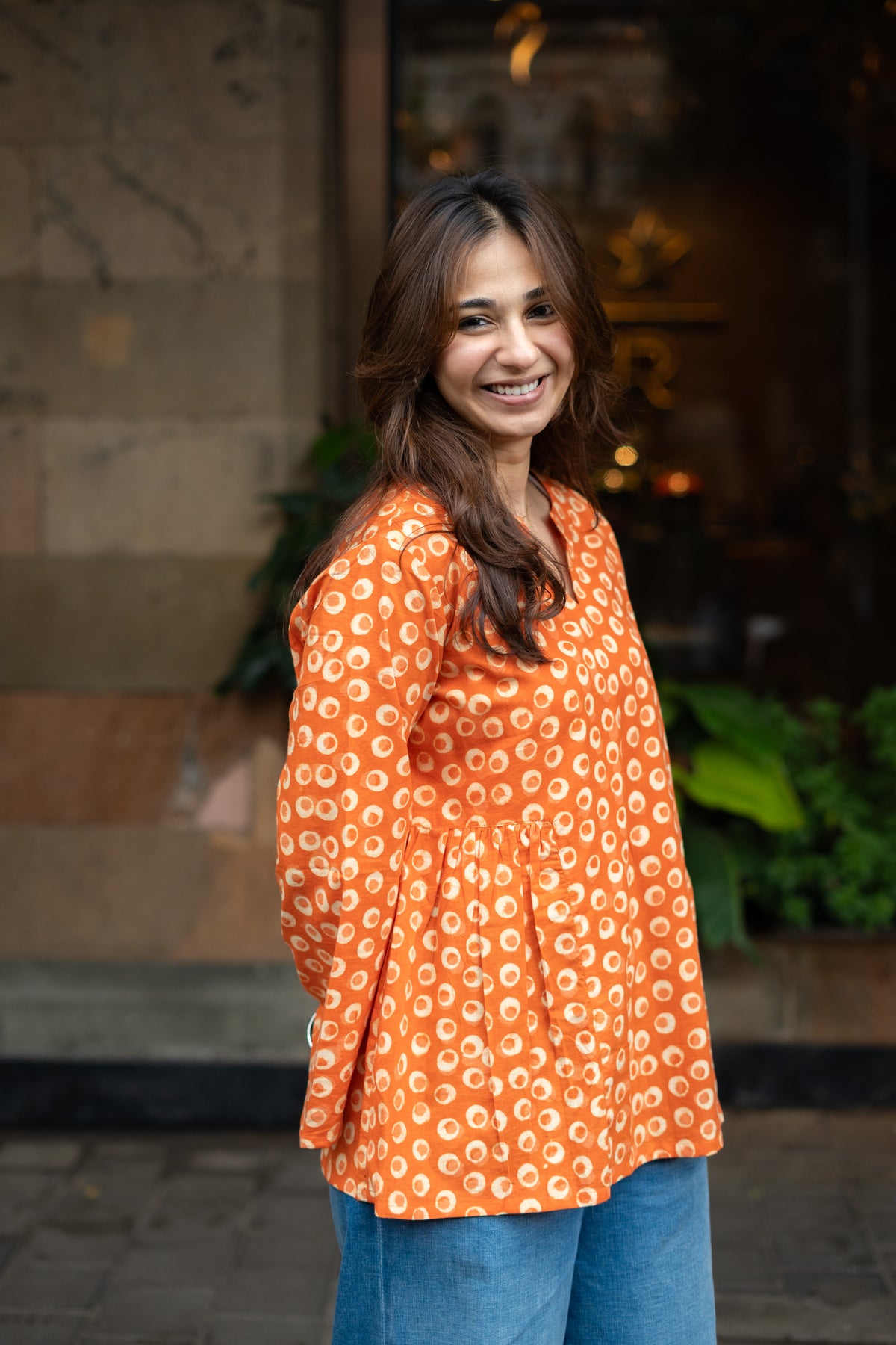 Orange Bagru Bell Sleeves Cotton Short Top