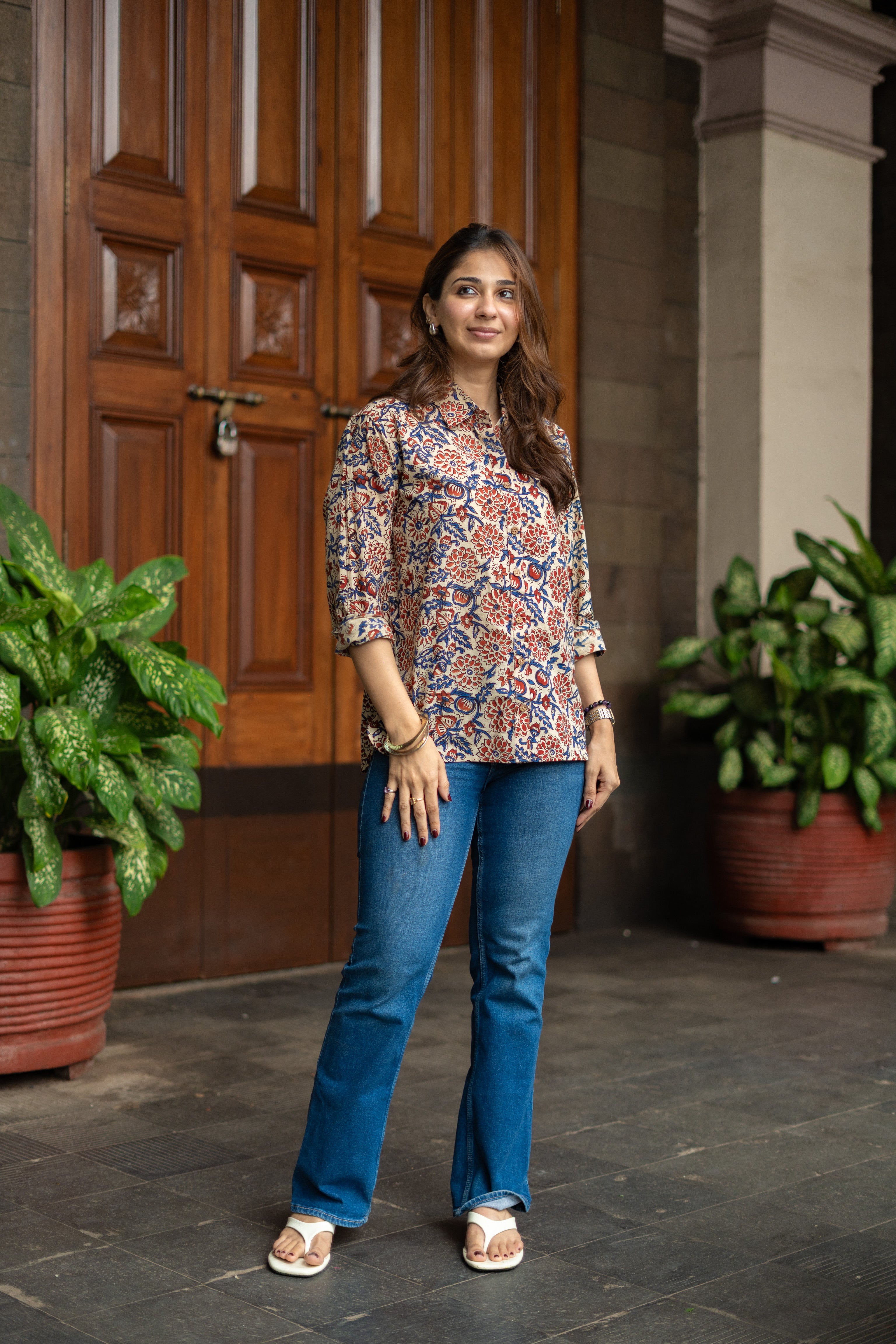 Red Blue Floral Handblock Cotton Shirt