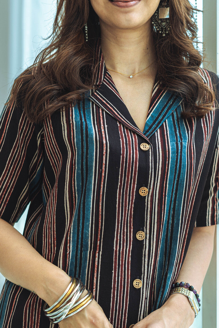 Vintage Ajrakh Stripe Handblock Cotton Shirt Kurti