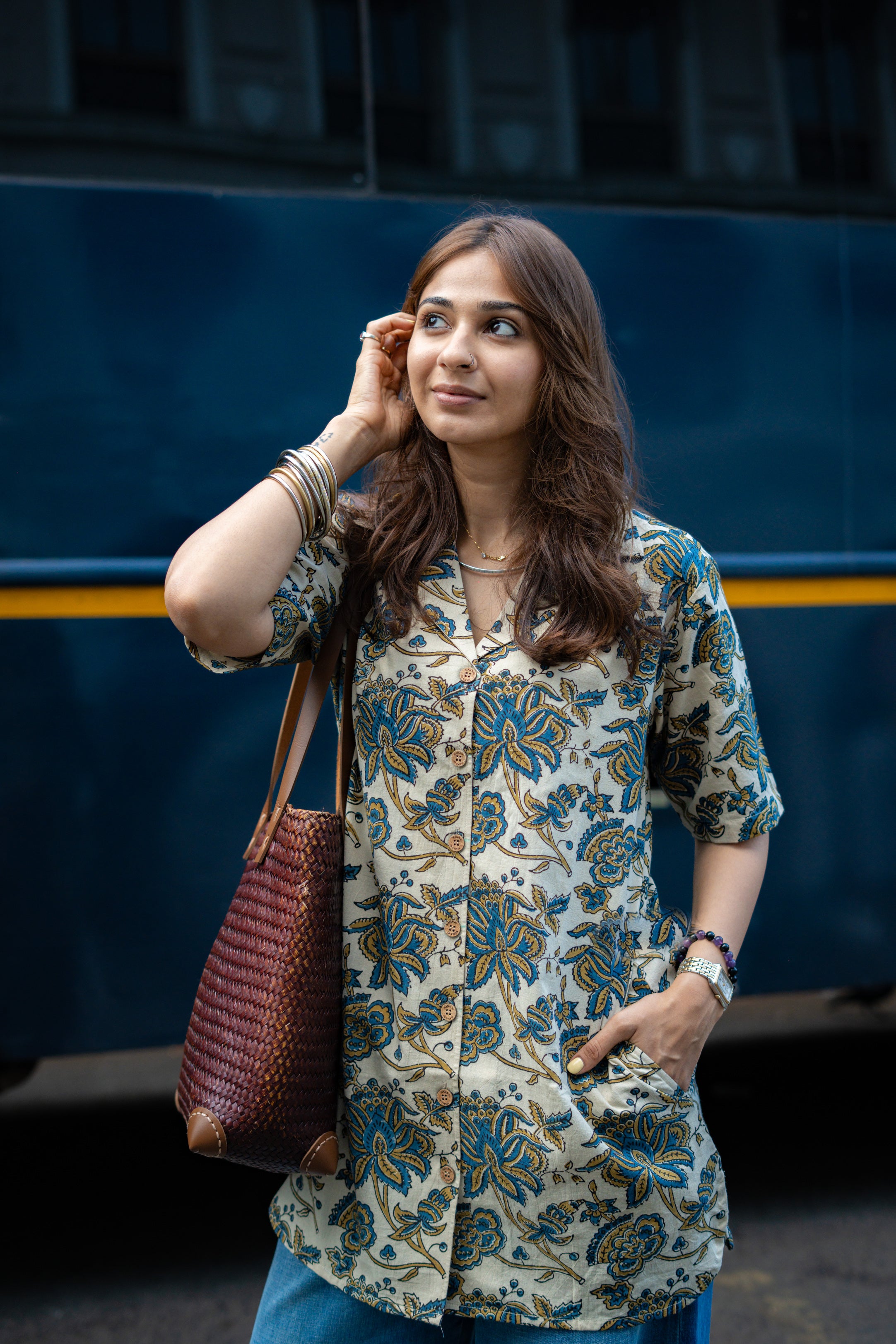 Ajrakh Beige Floral Handblock Cotton Shirt Kurti