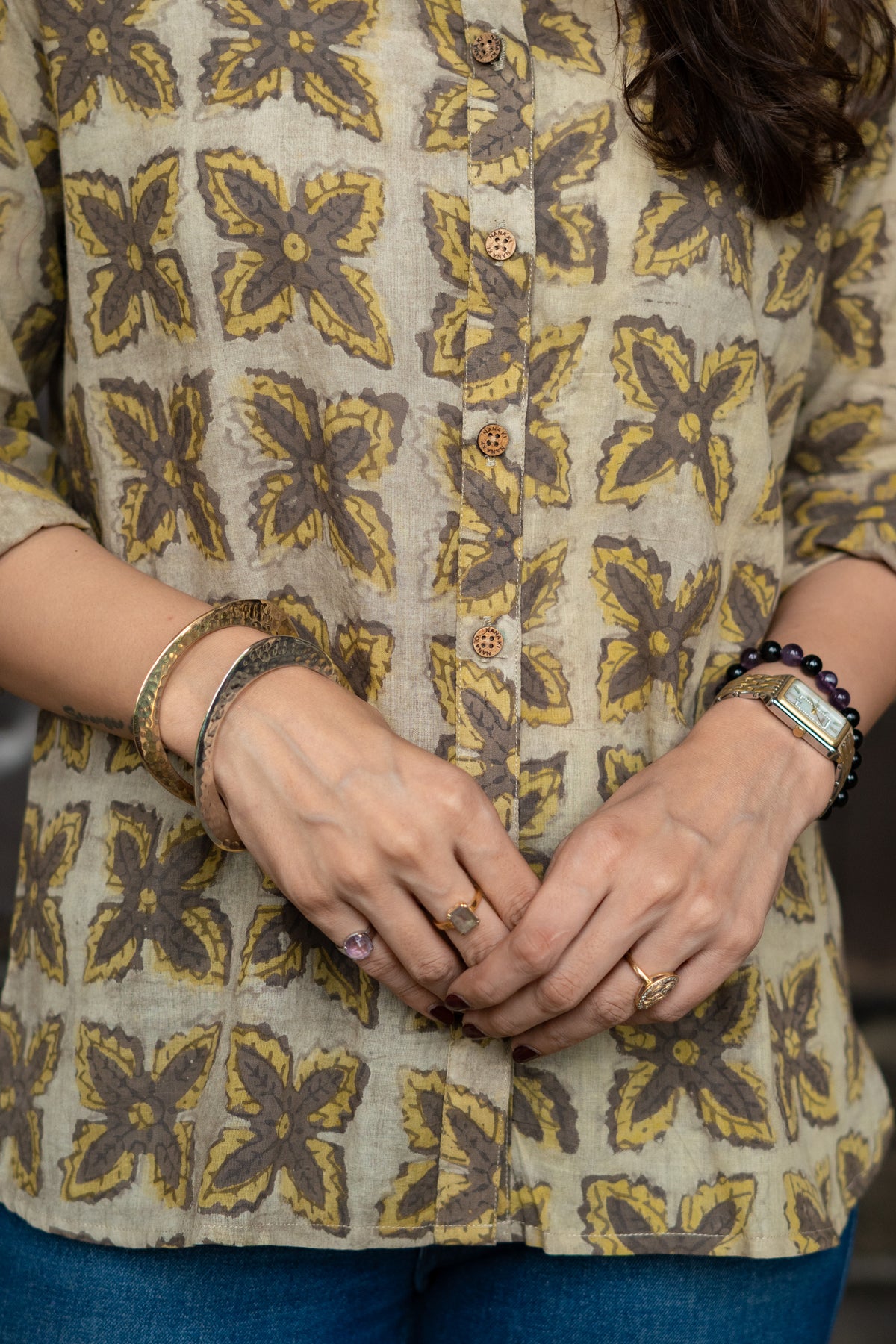 Mustard Jaal Block Print Cotton Shirt