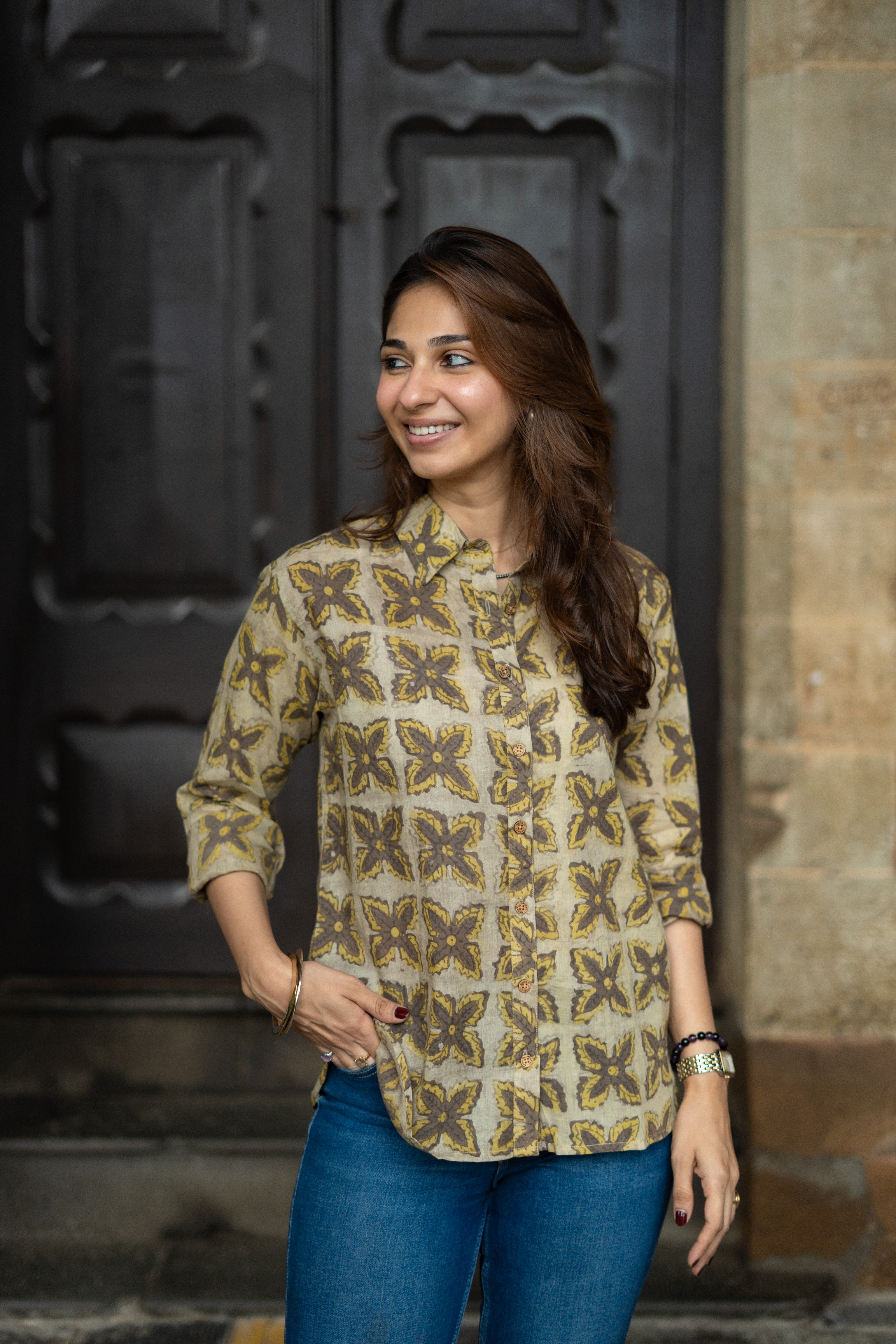Mustard Jaal Block Print Cotton Shirt
