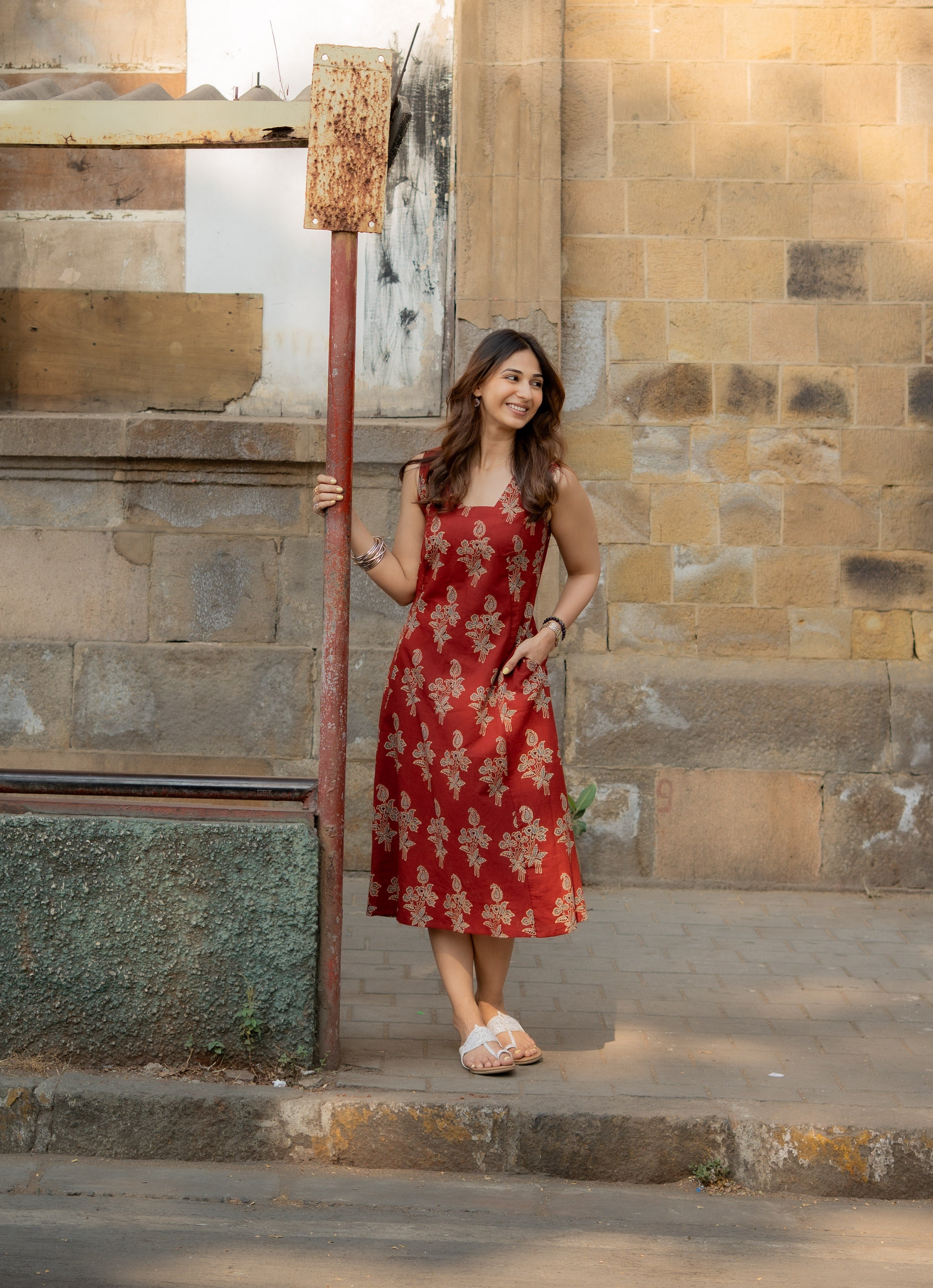 Red Ajrakh Floral Handblock Cotton Corset Dress