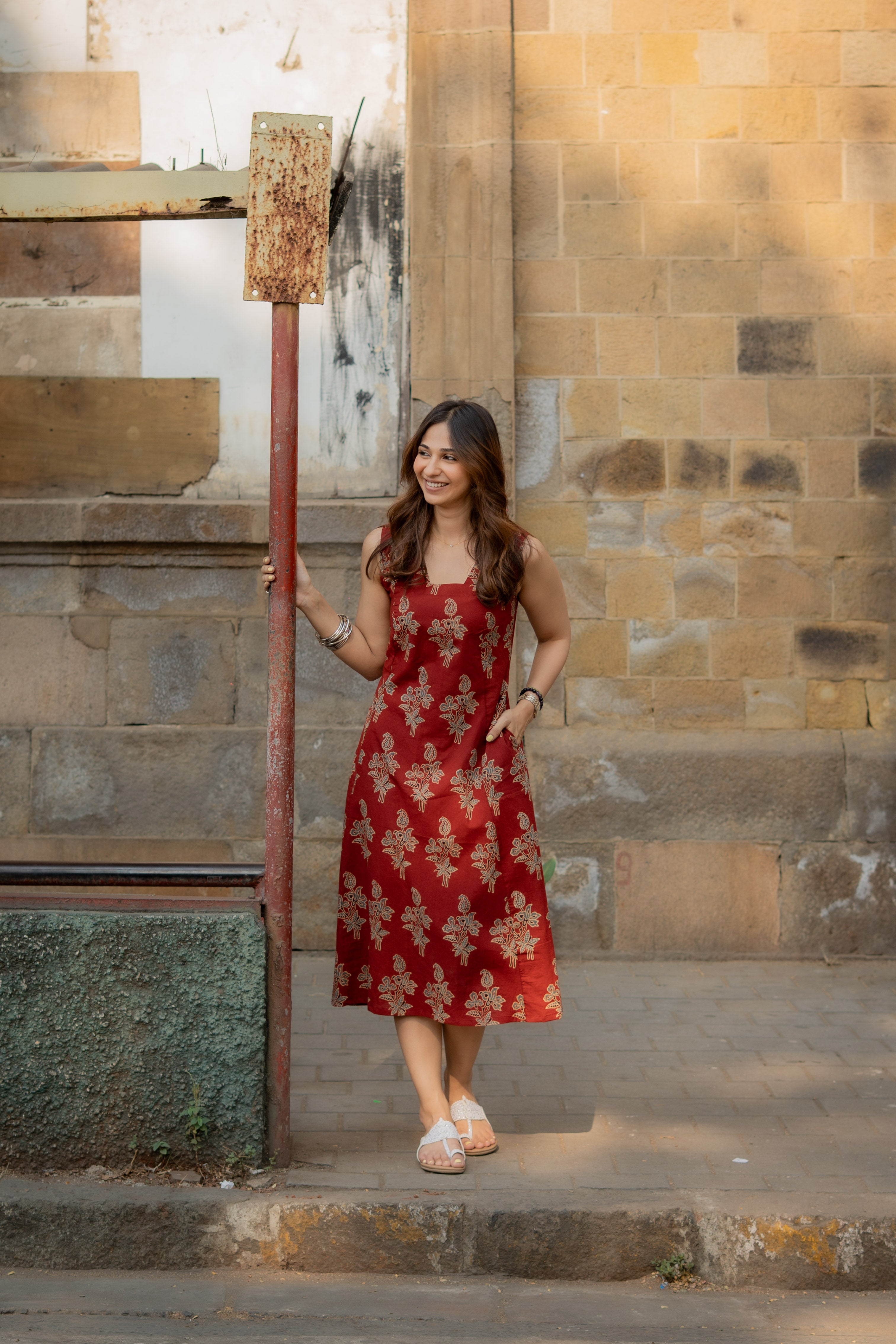 Red Ajrakh Floral Handblock Cotton Corset Dress