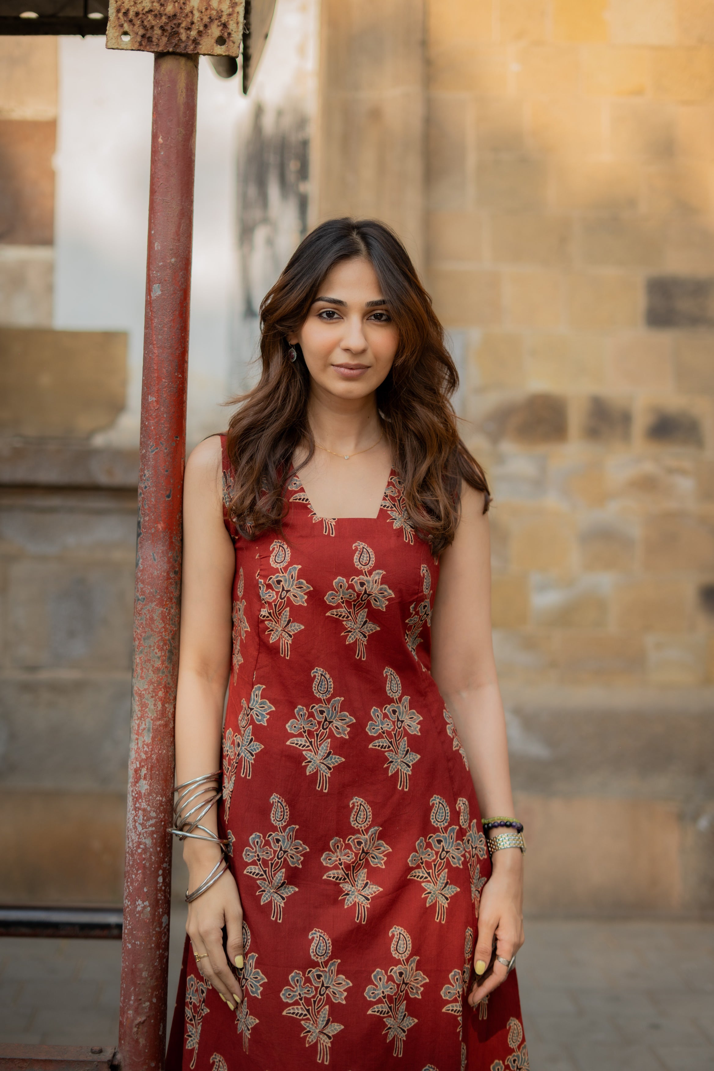 Red Ajrakh Floral Handblock Cotton Corset Dress