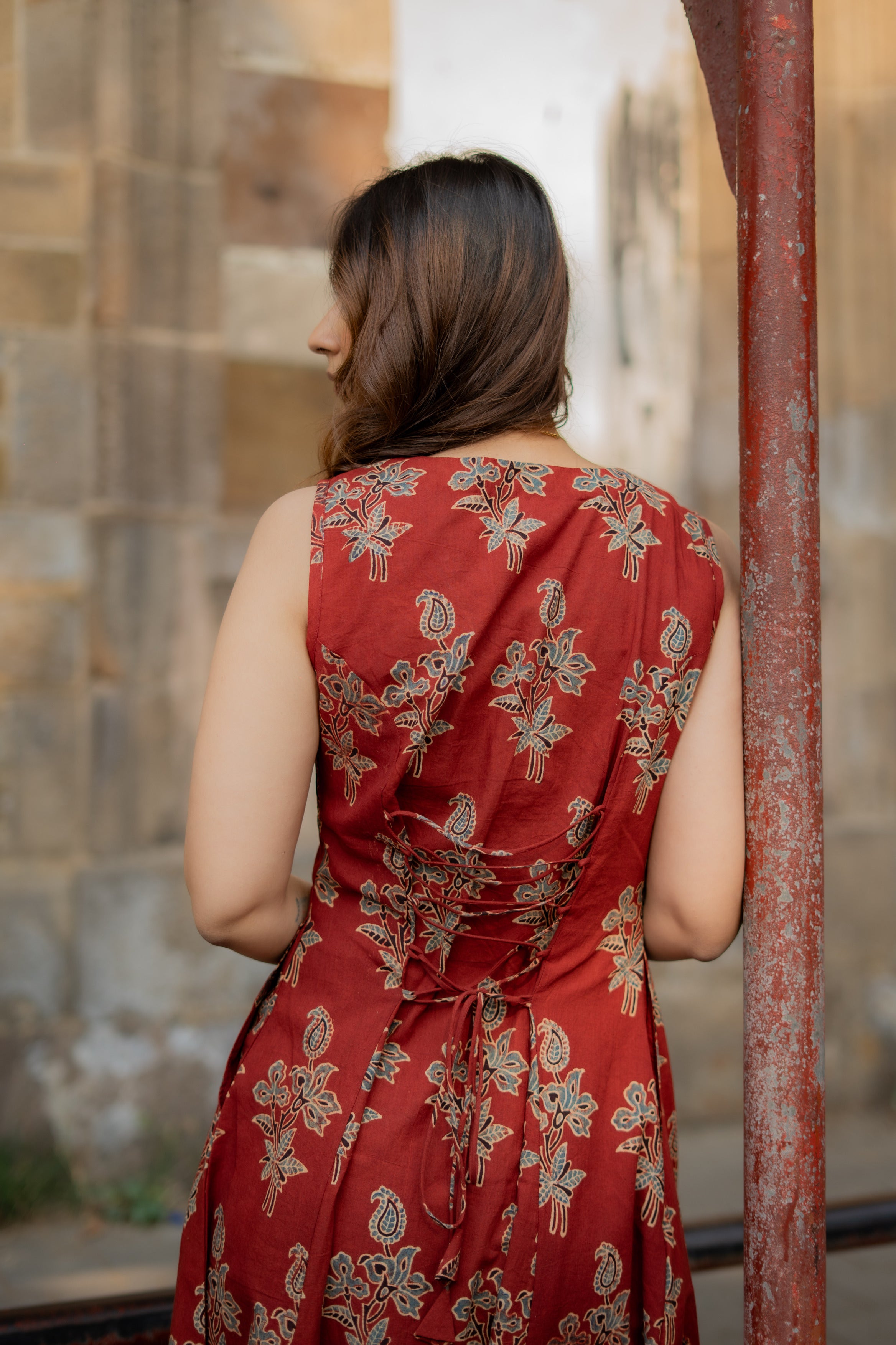 Red Ajrakh Floral Handblock Cotton Corset Dress