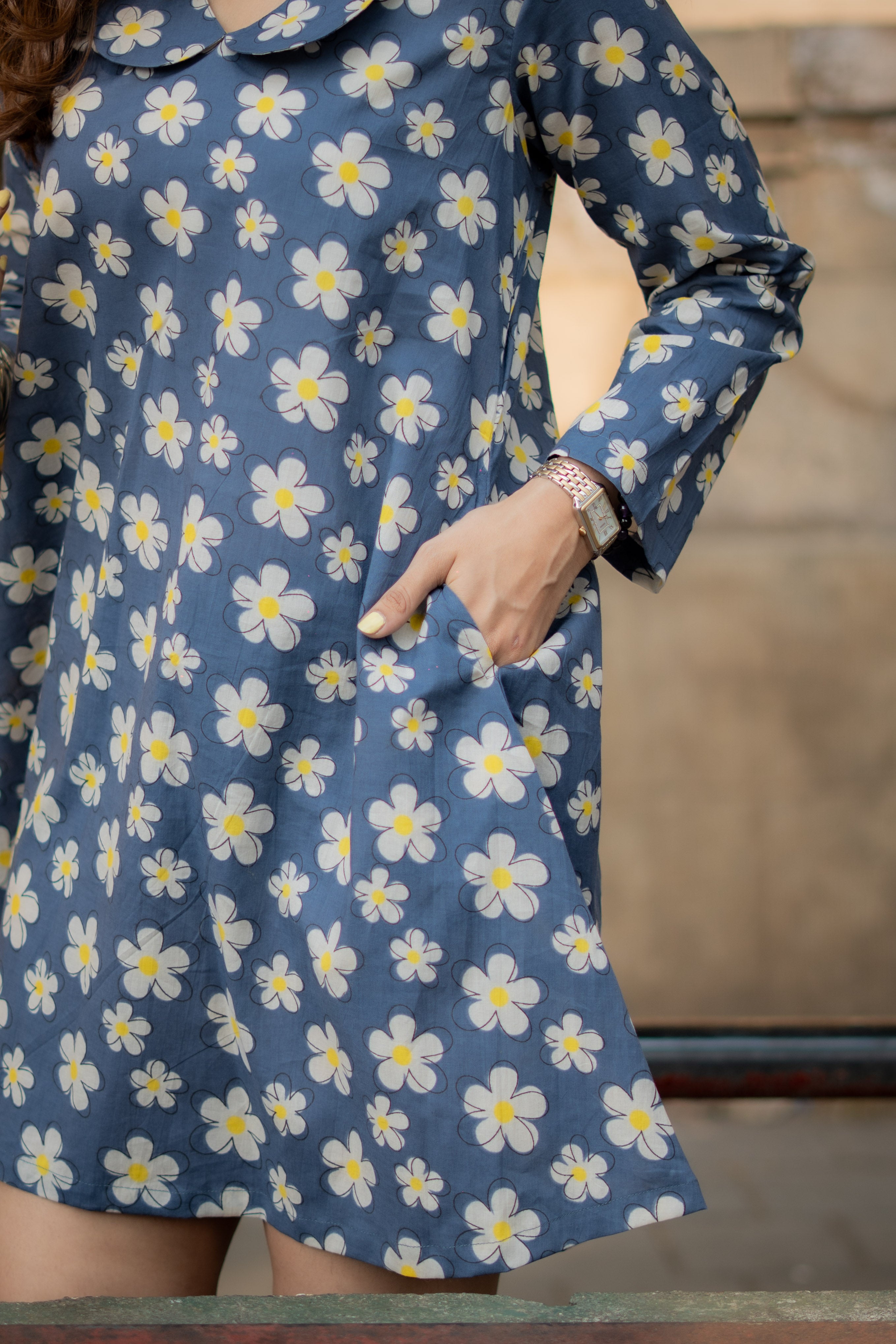 Navy Grey Floral Handblock Cotton A Line Dress