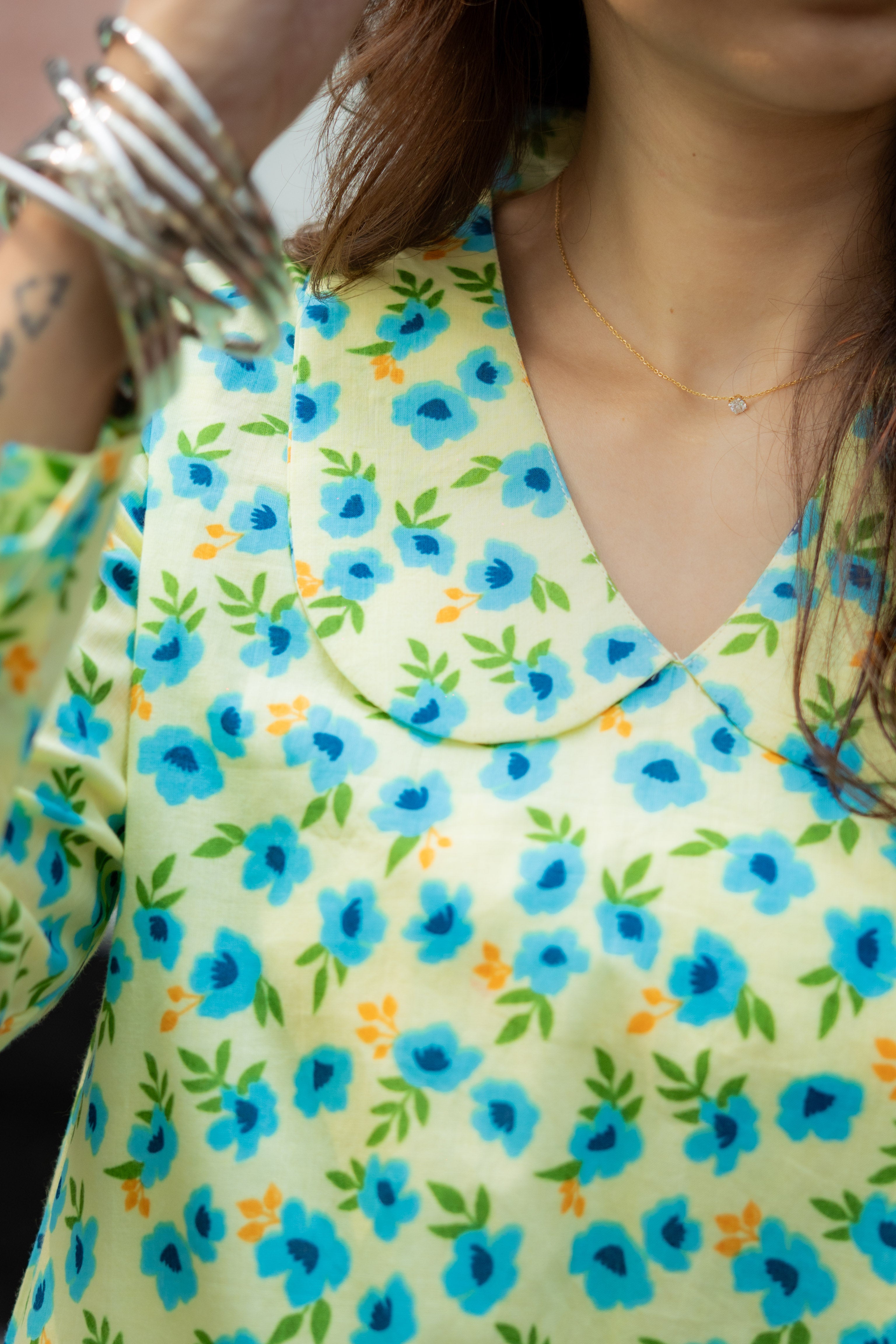 Parrot Green Floral Handblock Cotton A Line Dress