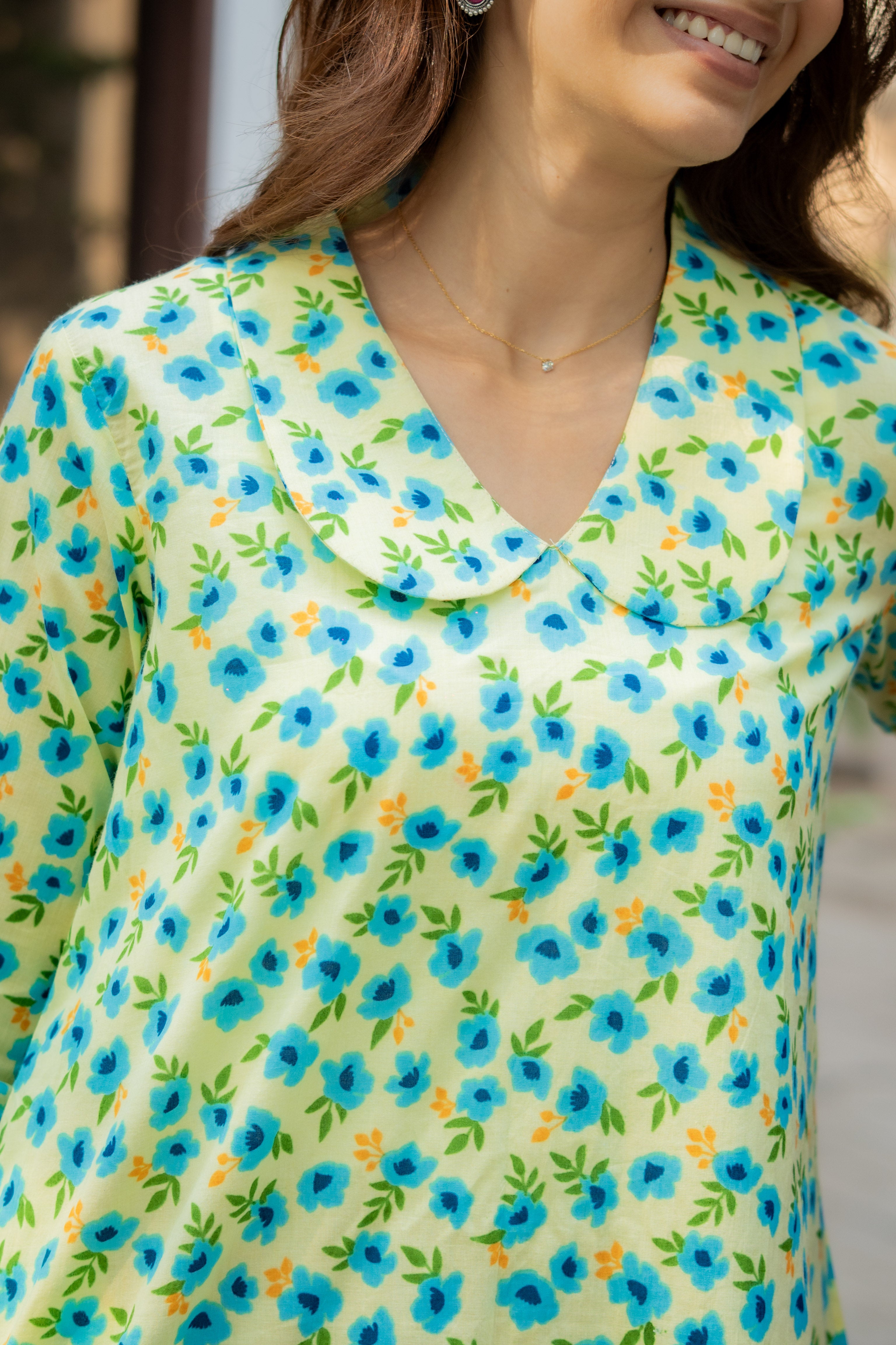 Parrot Green Floral Handblock Cotton A Line Dress