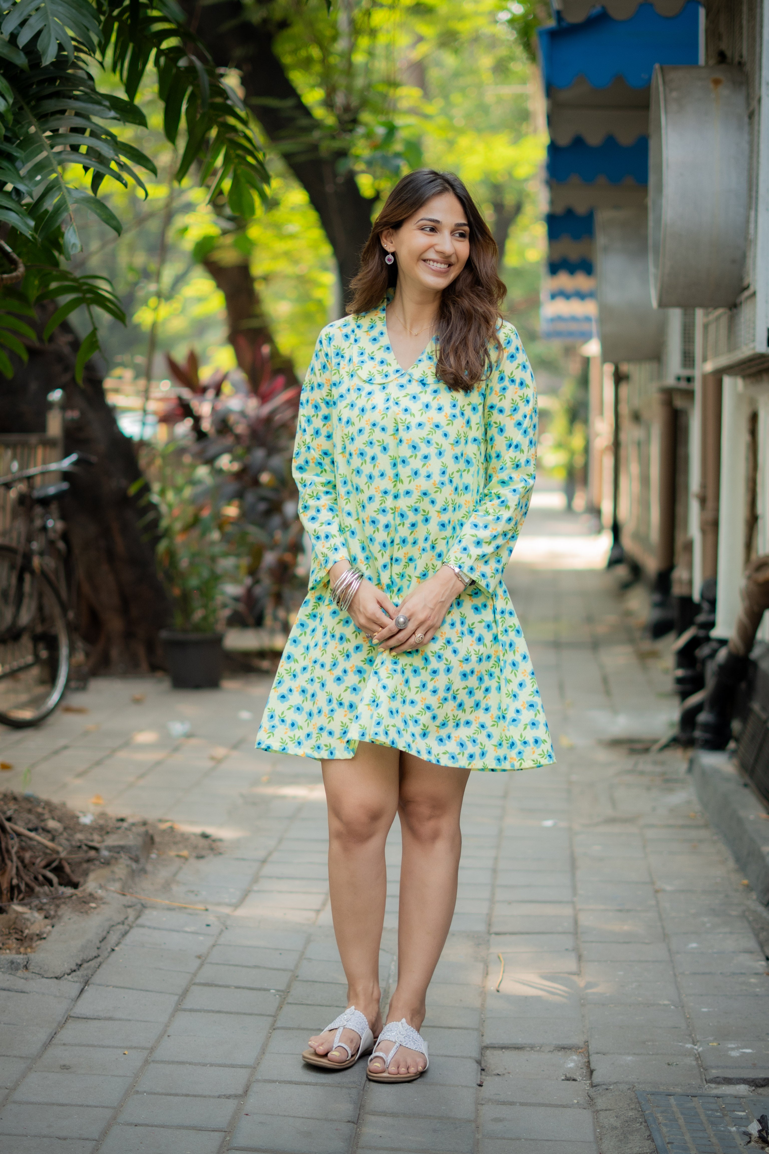 Parrot Green Floral Handblock Cotton A Line Dress