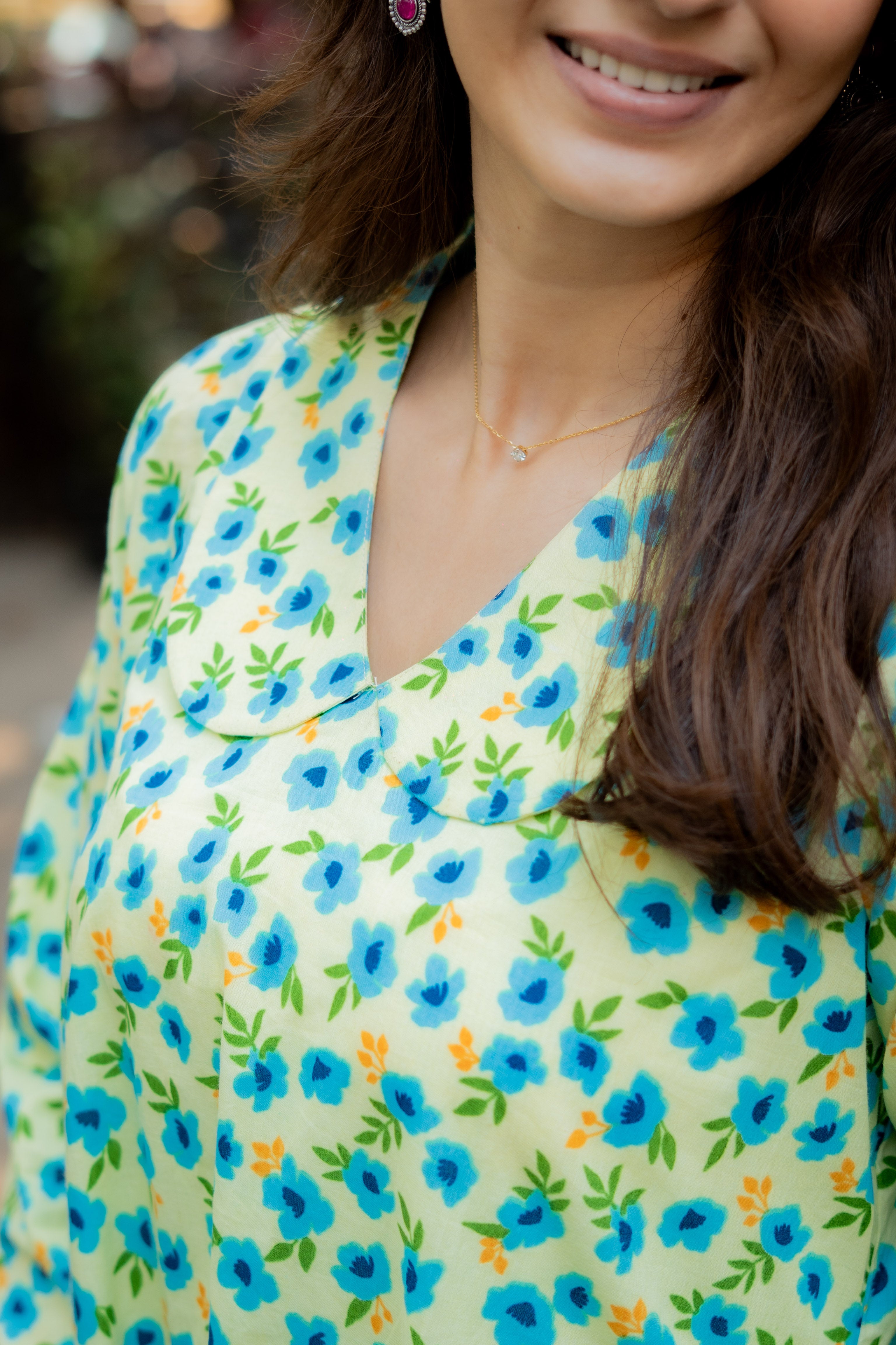 Parrot Green Floral Handblock Cotton A Line Dress