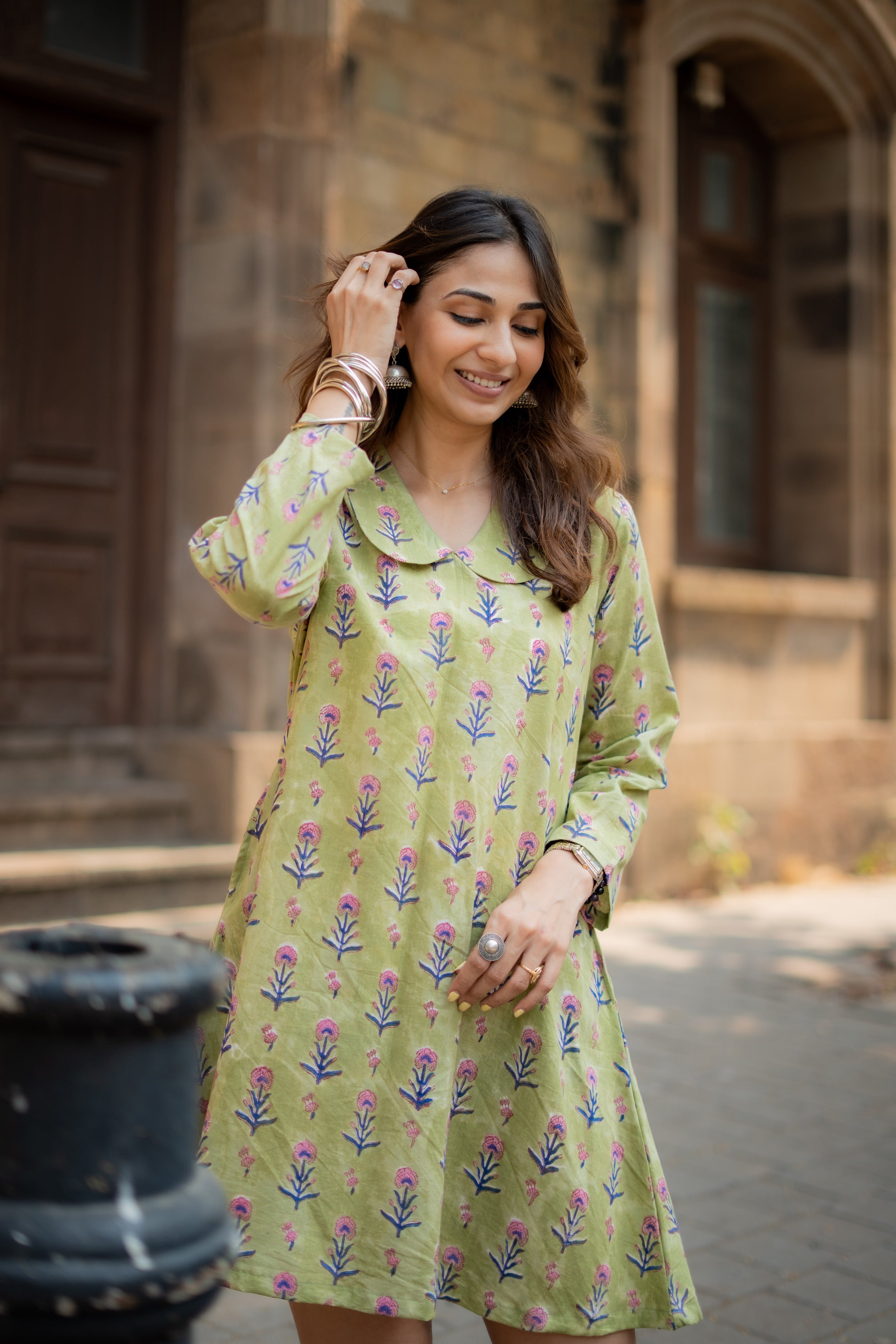 Green Summeri Floral Handblock Cotton A Line Dress