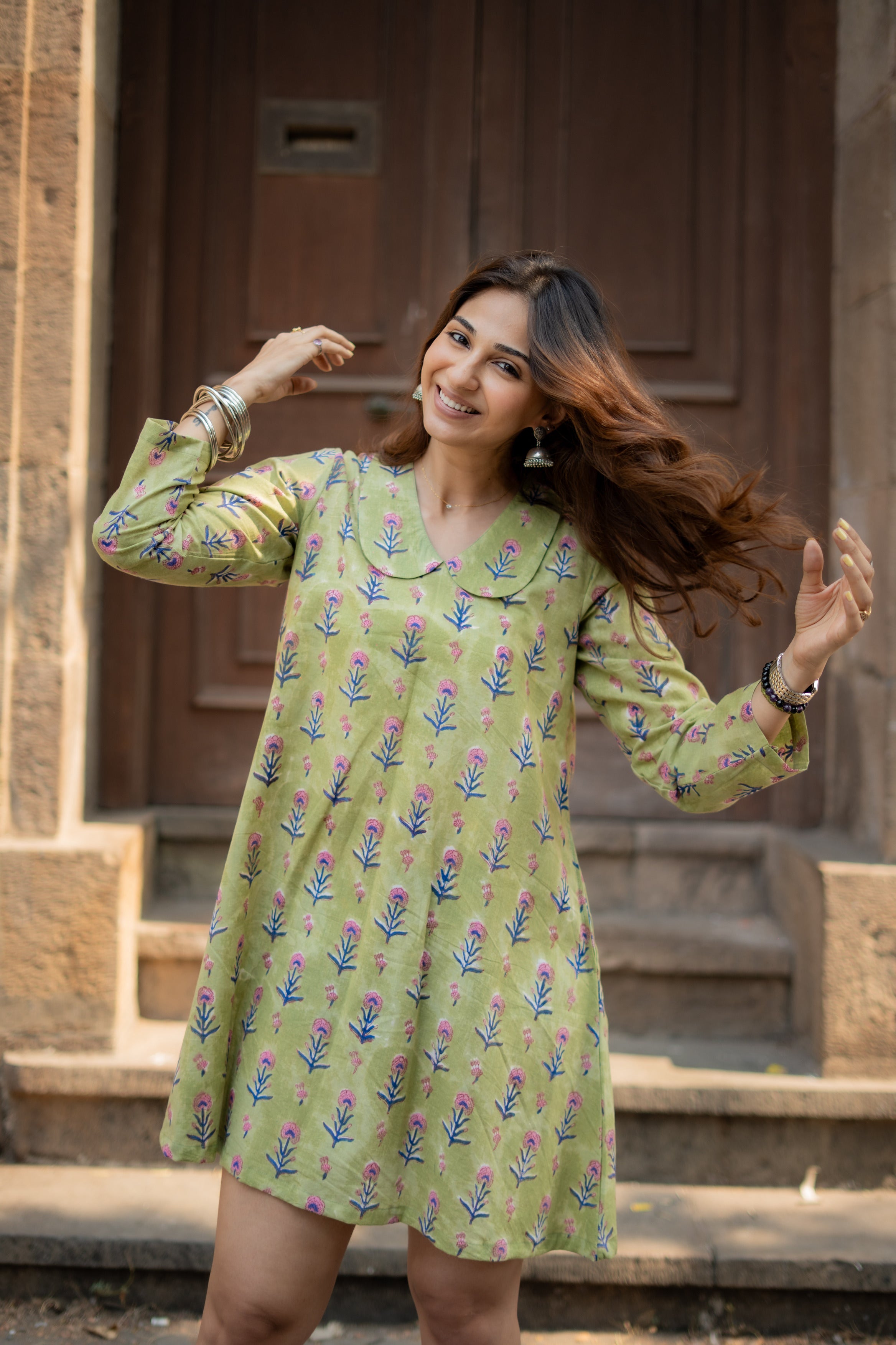 Green Summeri Floral Handblock Cotton A Line Dress