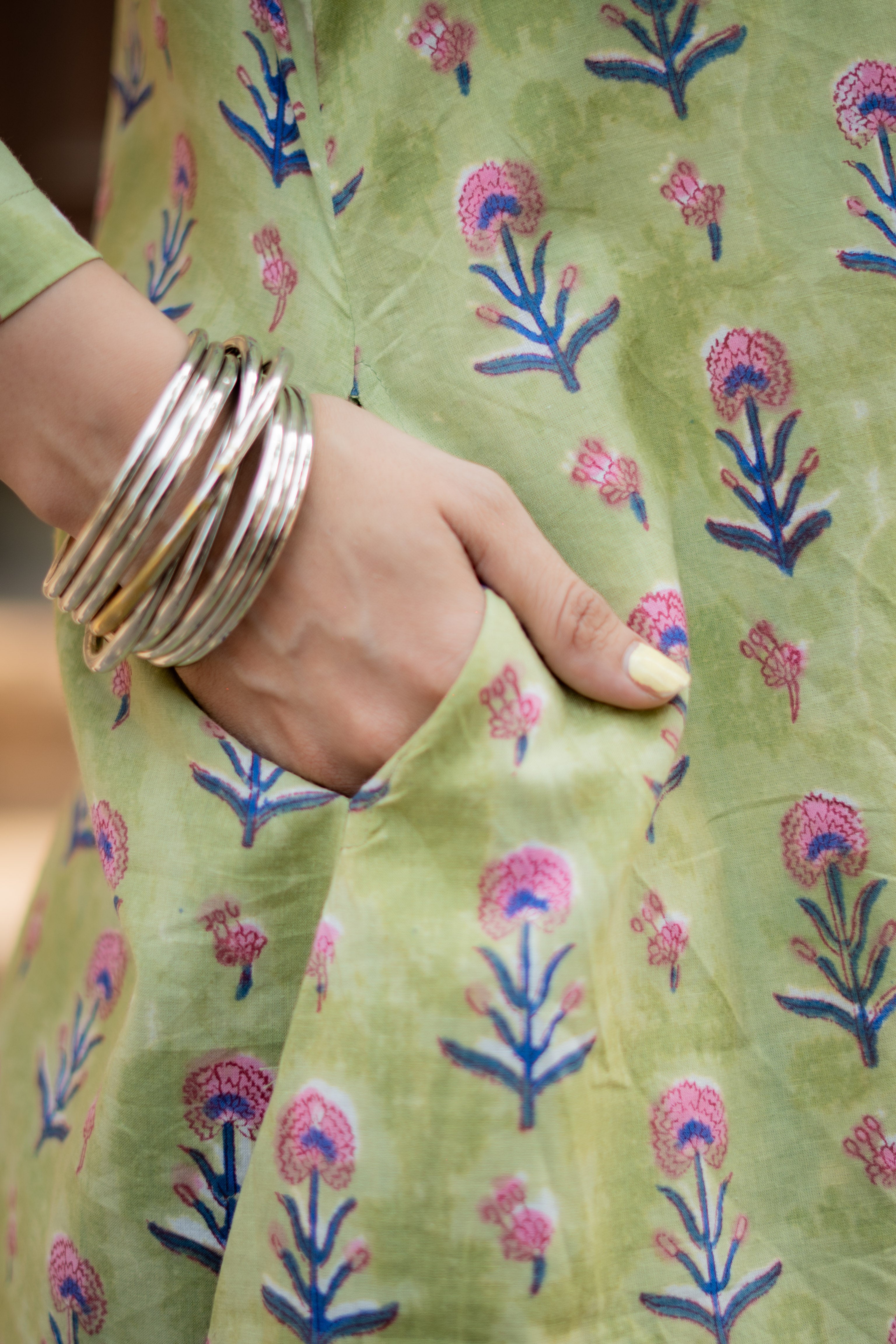 Green Summeri Floral Handblock Cotton A Line Dress