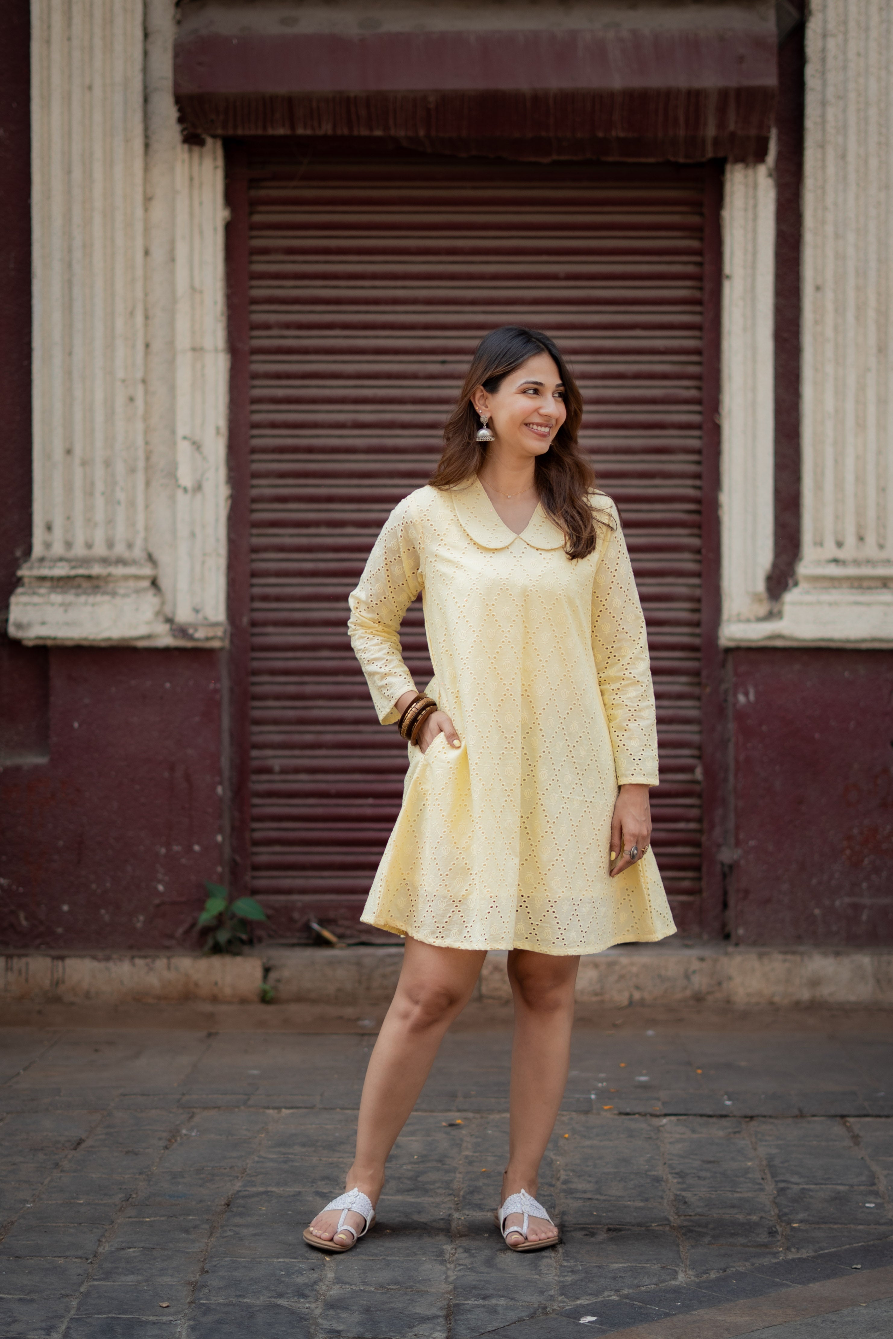 Lemon Yellow Hakoba Cotton A Line Dress