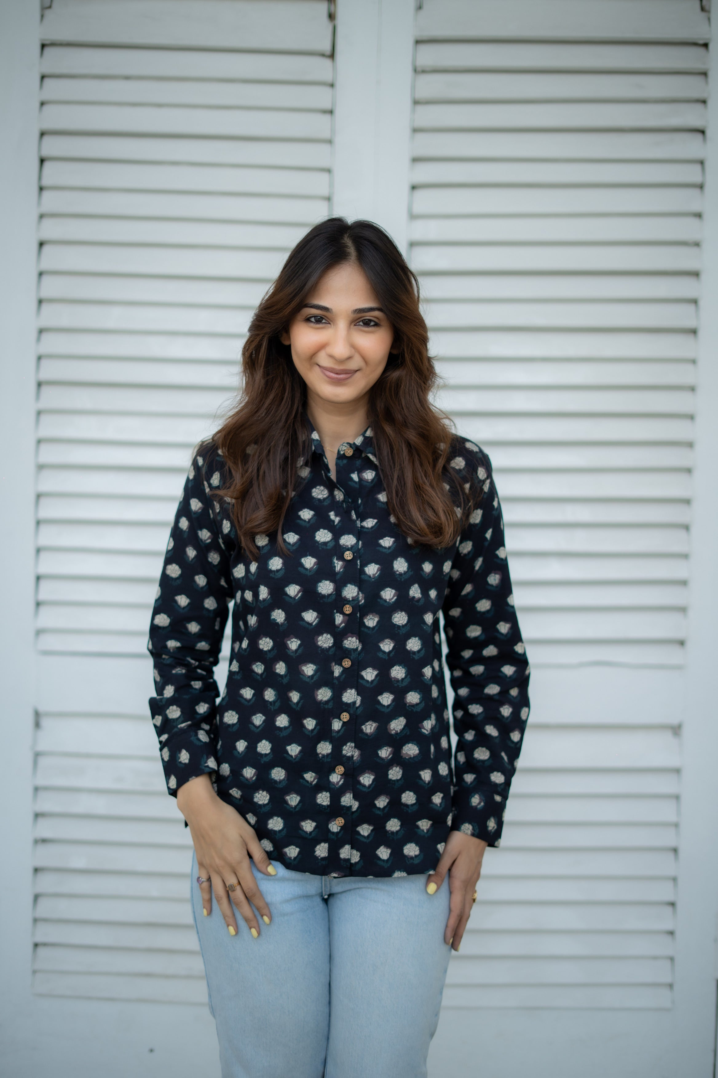 Black Bagru Floral Handblock Cotton Shirt